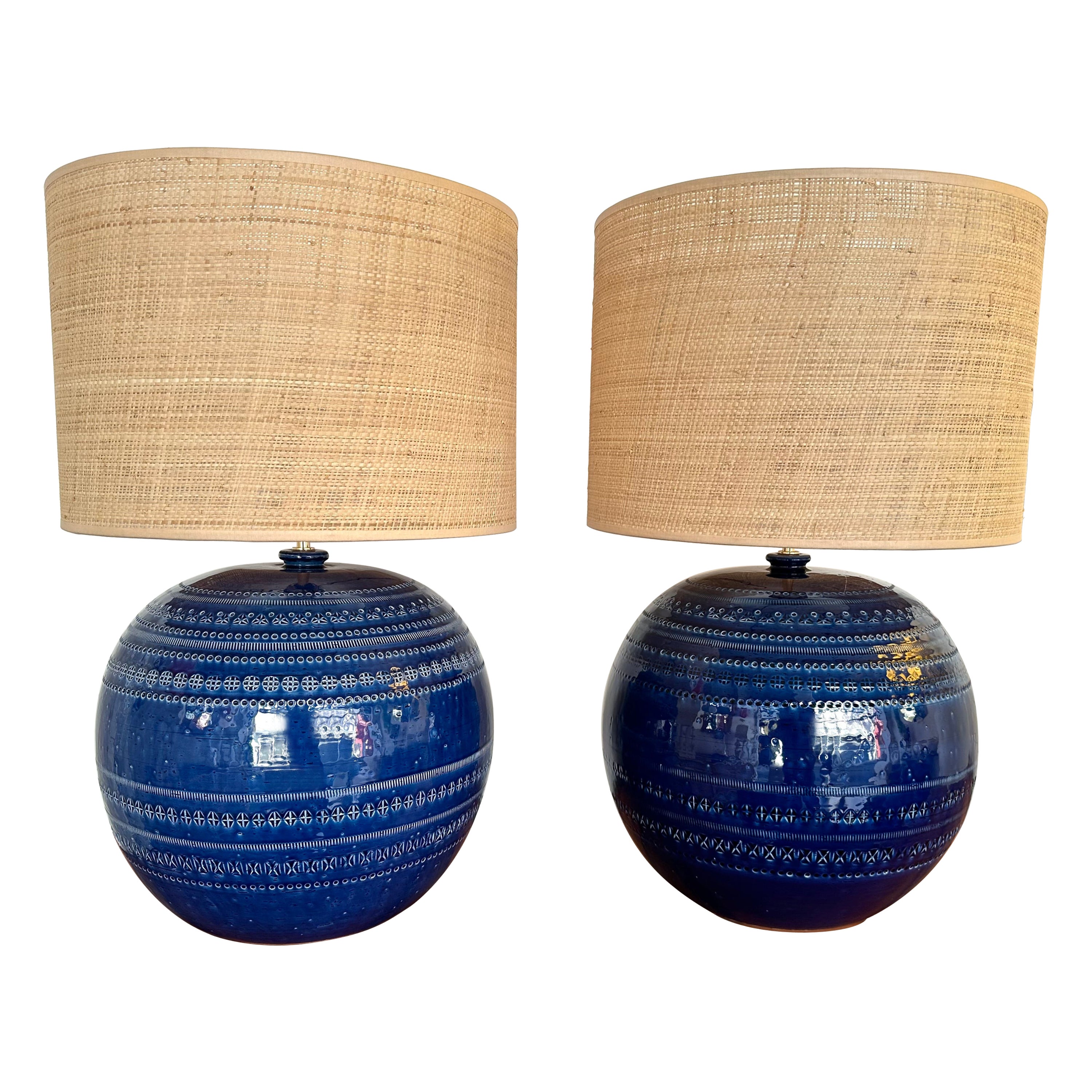 Mid-Century Pair of Ceramic Lamps Blue Rimini by Bitossi. Italy, 1990s For Sale
