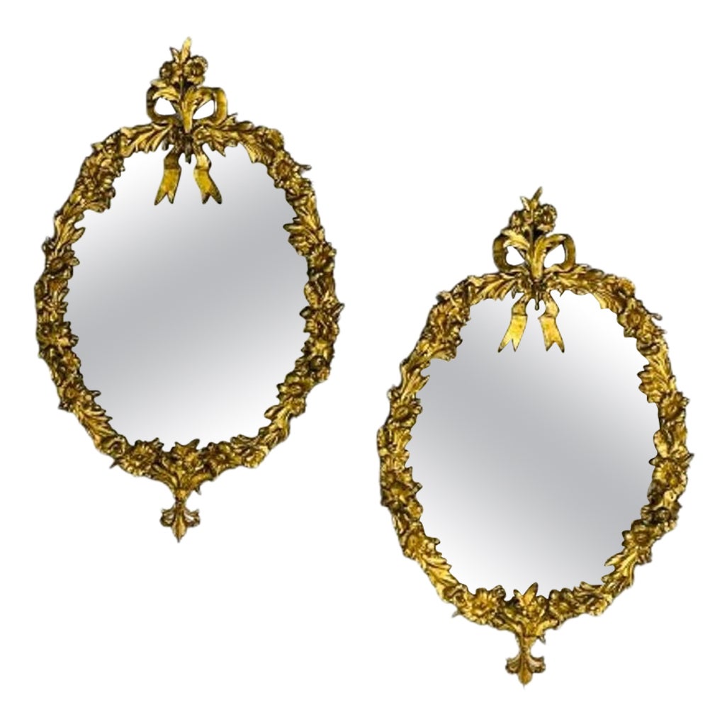 Louis XVI, Oval Wall Mirrors, Floral Motif, Bronze, Carved Wood, France, 19th C For Sale