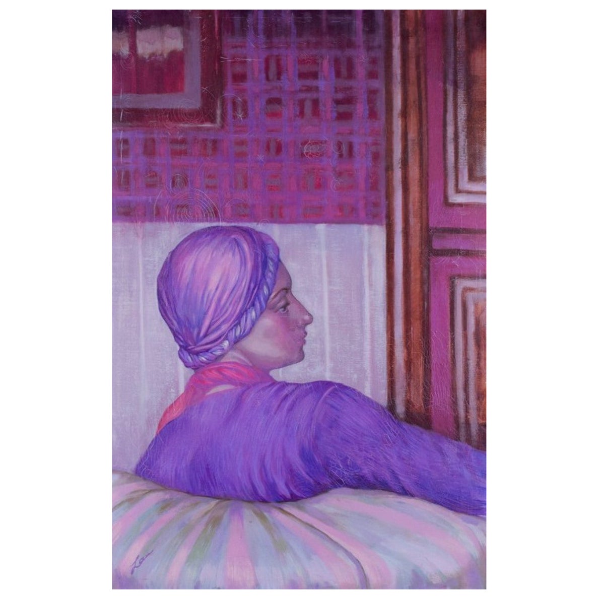 Olga Lau, Danish artist.  Oil on canvas. Seated woman in a room.