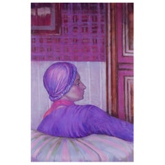 Olga Lau, dänische Künstlerin.  Öl auf Leinwand. Sitzende Frau in einem Raum.
