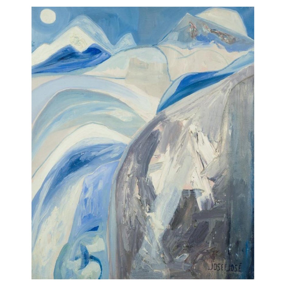 Josef José, artiste français répertorié. Huile sur toile. Paysage de montagne recouvert de neige
