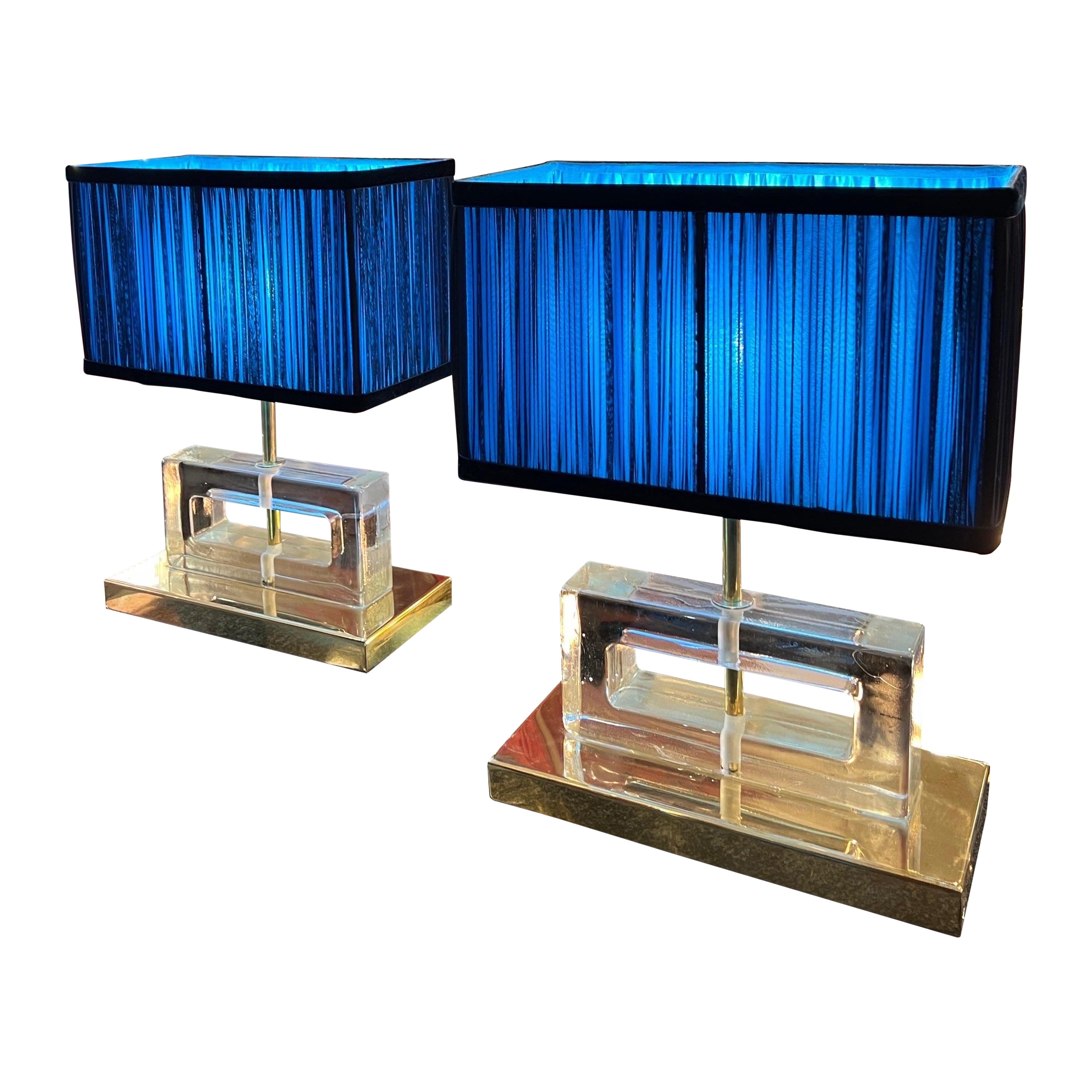Clear Murano Glass Blocks Lamps with Our Turquoise and Blue Lampshades, 1970s