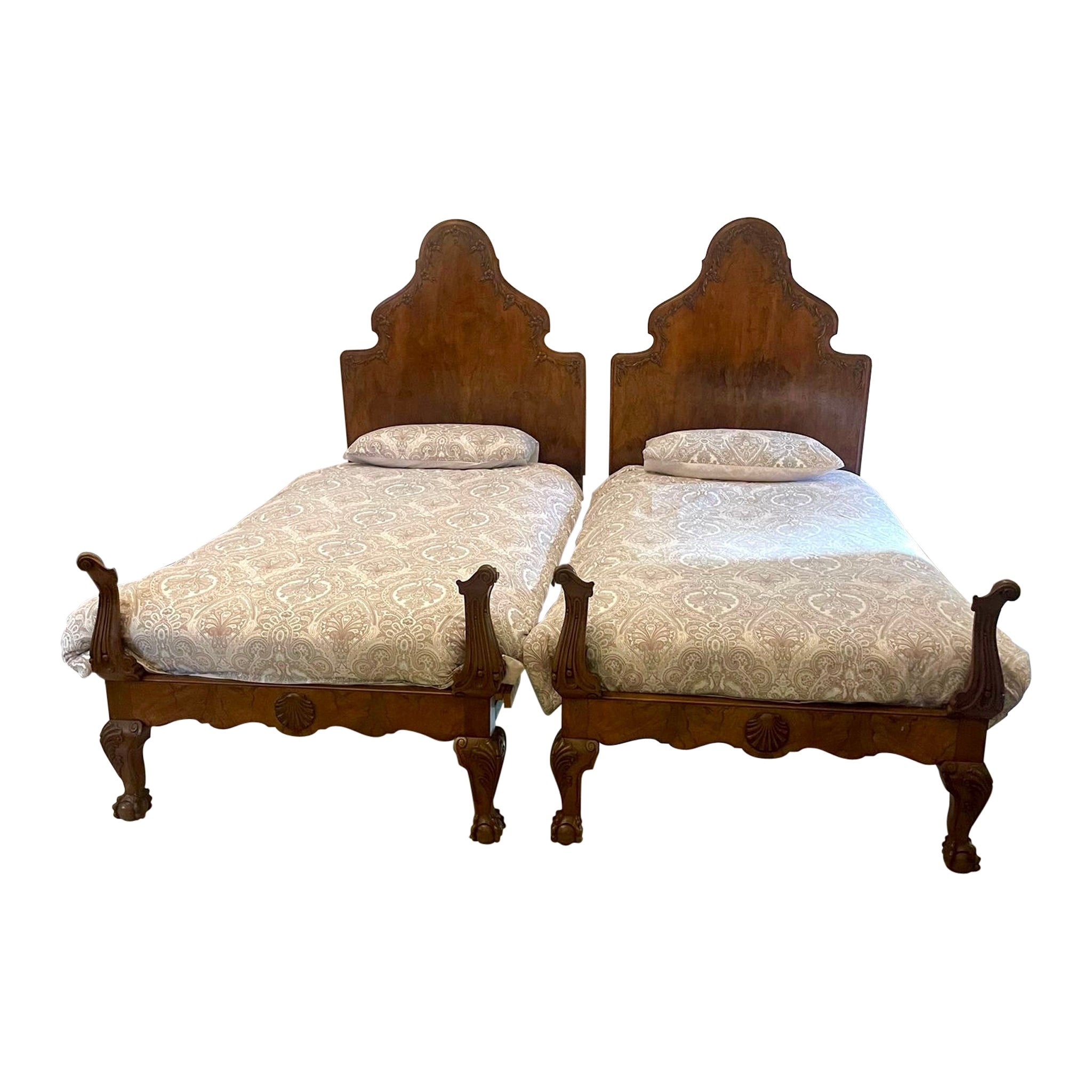 Antique Pair of Quality Carved Burr Walnut Single Beds