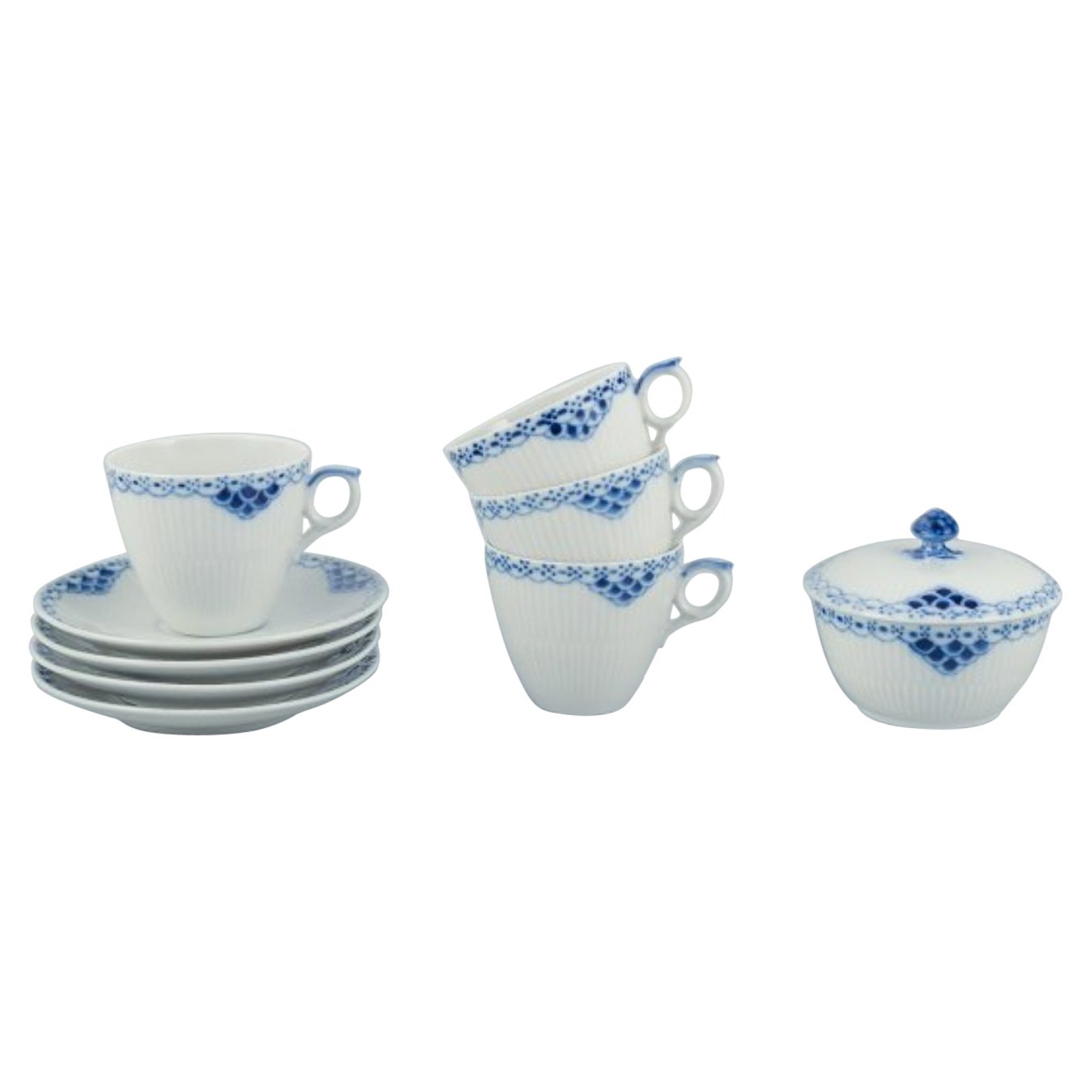 Royal Copenhagen, Princess. Set of four coffee cups with saucers and sugar bowl For Sale