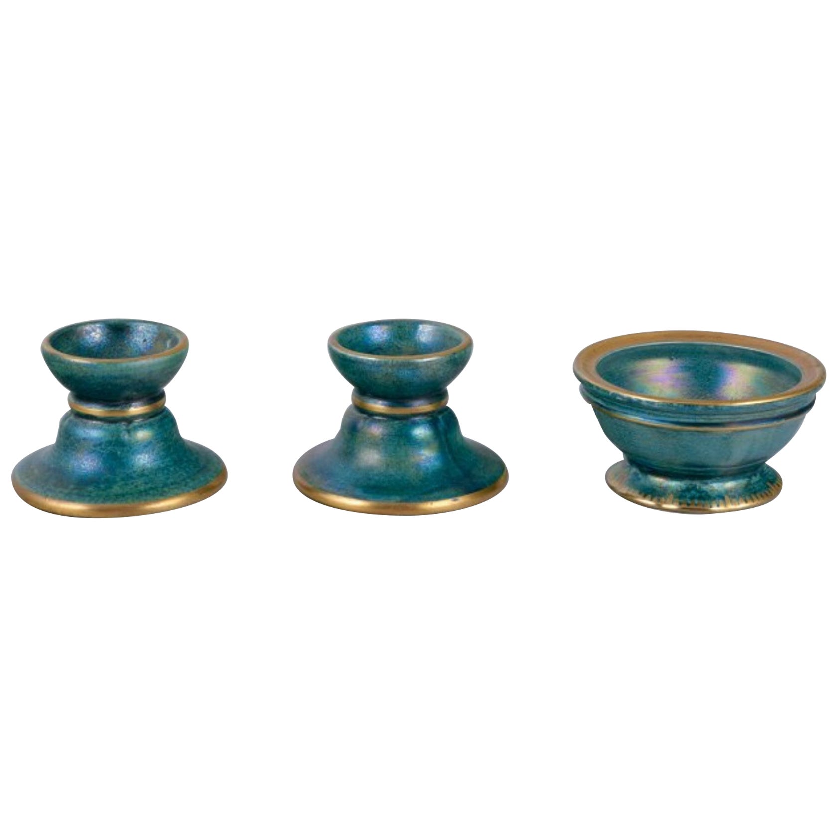 Josef Ekberg for Gustavsberg. Pair of candle holders and small bowl in ceramic. For Sale