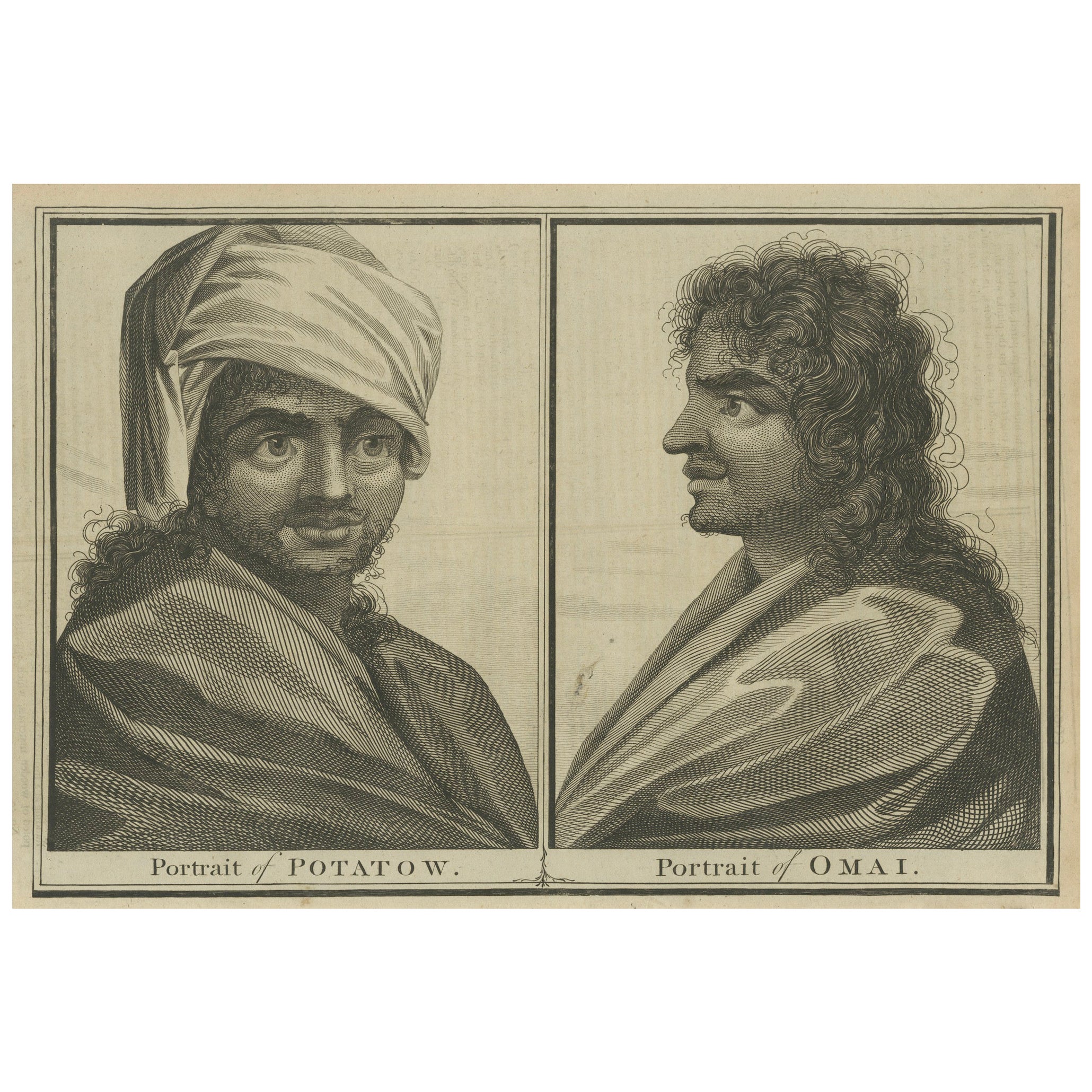 Portraits of Encounter: Chief Potatow and Omai of Tahiti, Engraved in ca.1777 For Sale