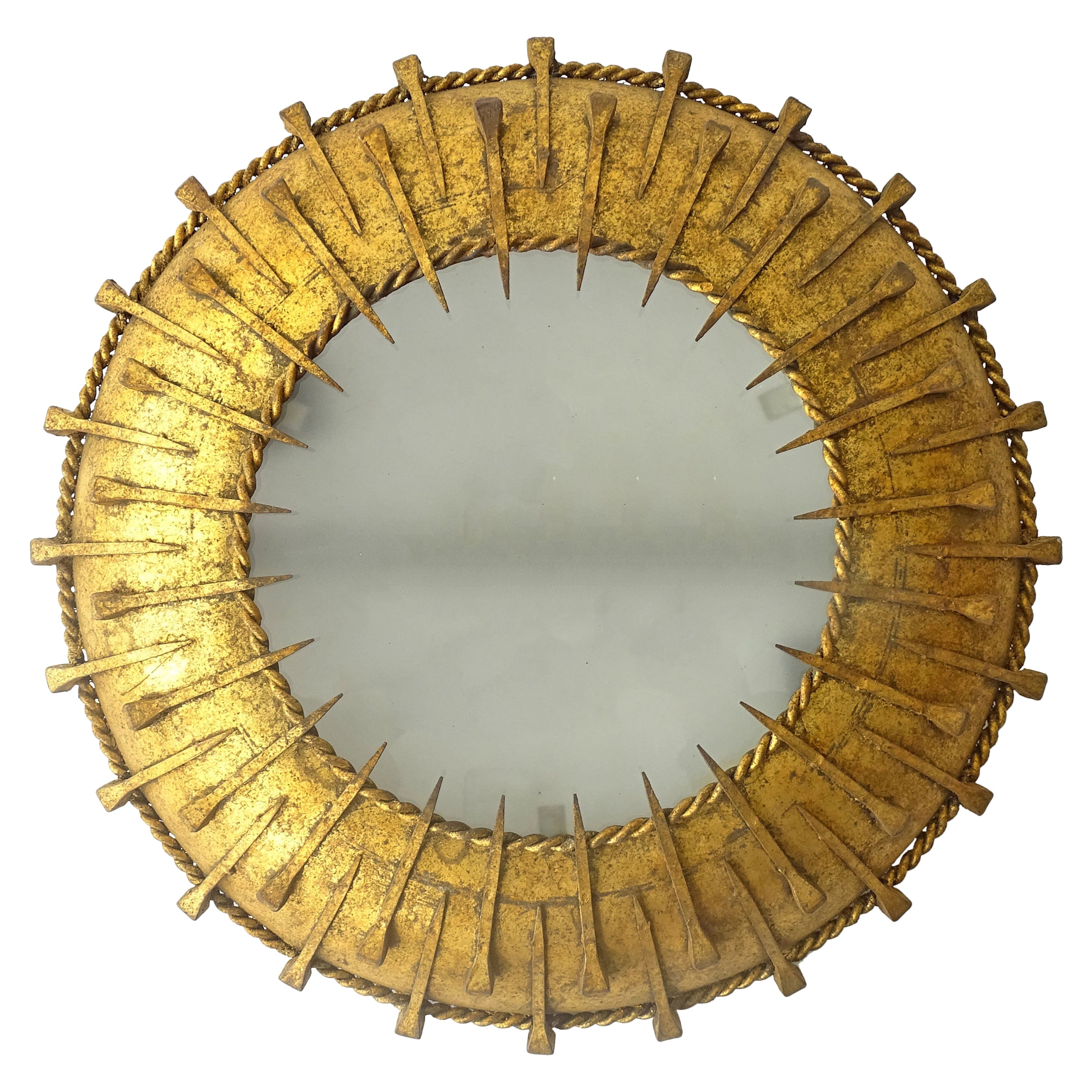French 1930s Surrealist Sunburst light fixture in gilt iron and nails For Sale