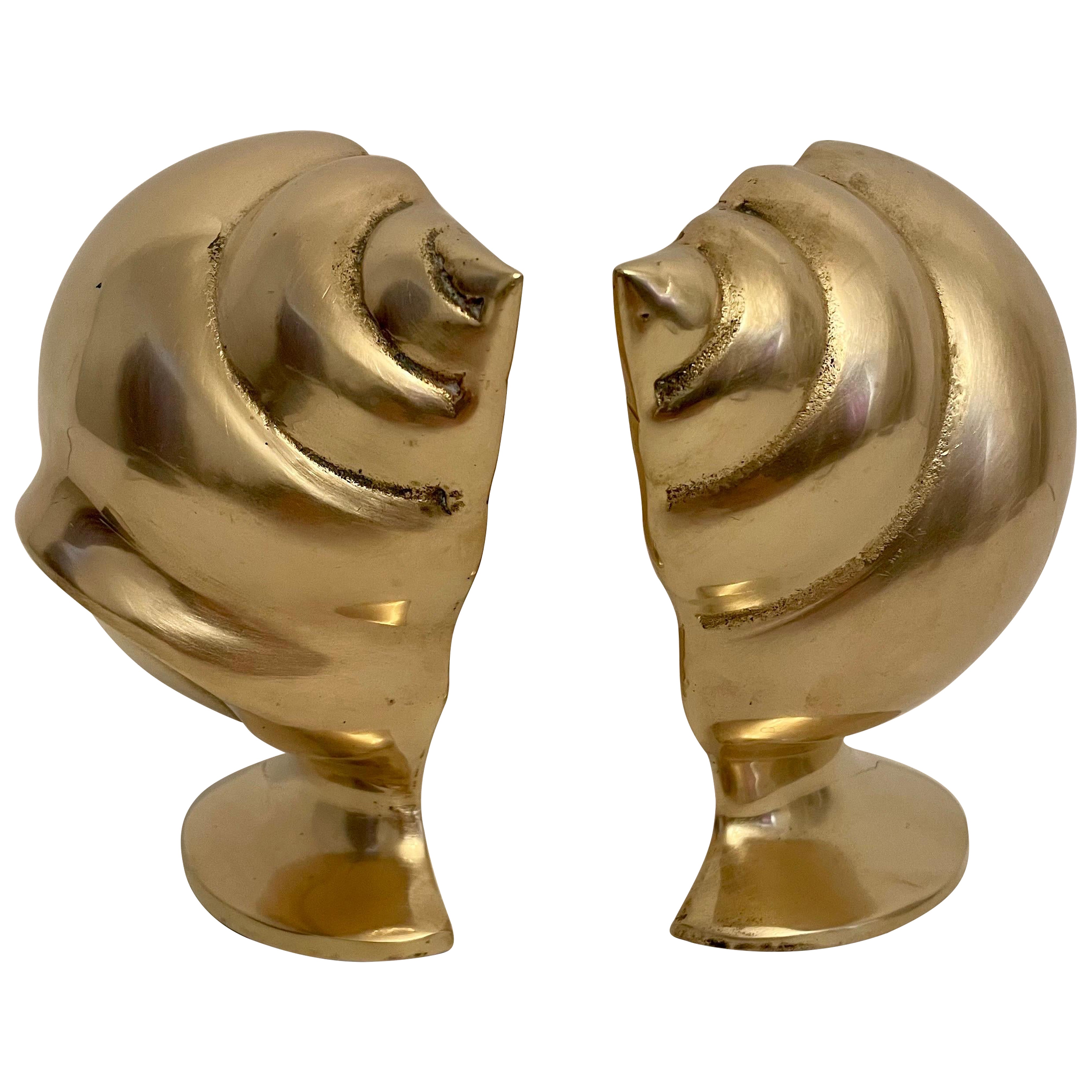 Pair Brass Conch Shell Seashell Nautilus Bookends For Sale