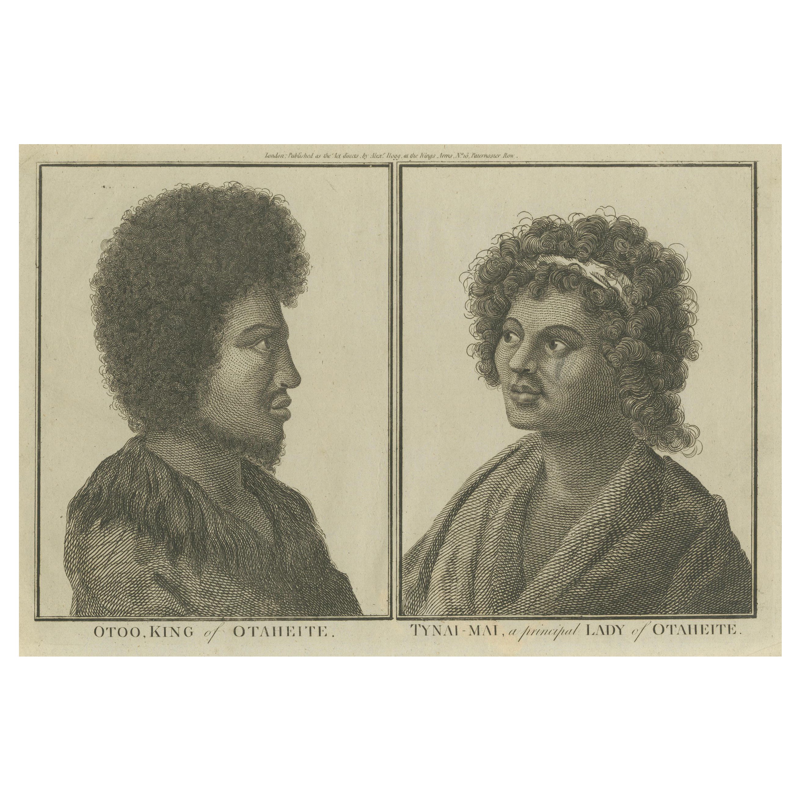 Profiles du souverain Otoo et Lady Tynai-Mai de Tahiti, publié vers 1785