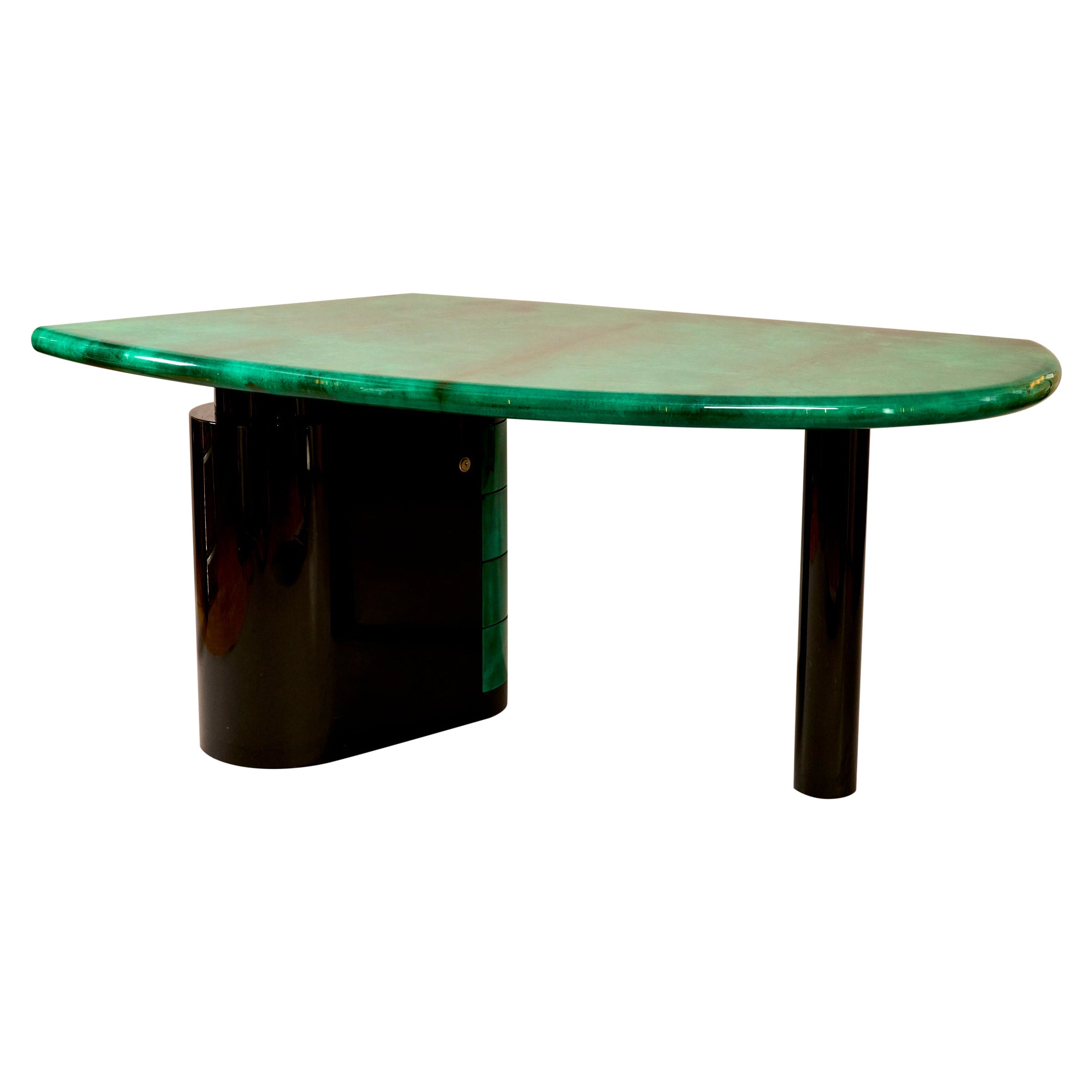 Rare Aldo Tura desk in malachite green parchment and black lacquer. 

The top is goatskin with a high gloss lacquer.

Four pedestal drawers. And black high gloss lacquer. 
