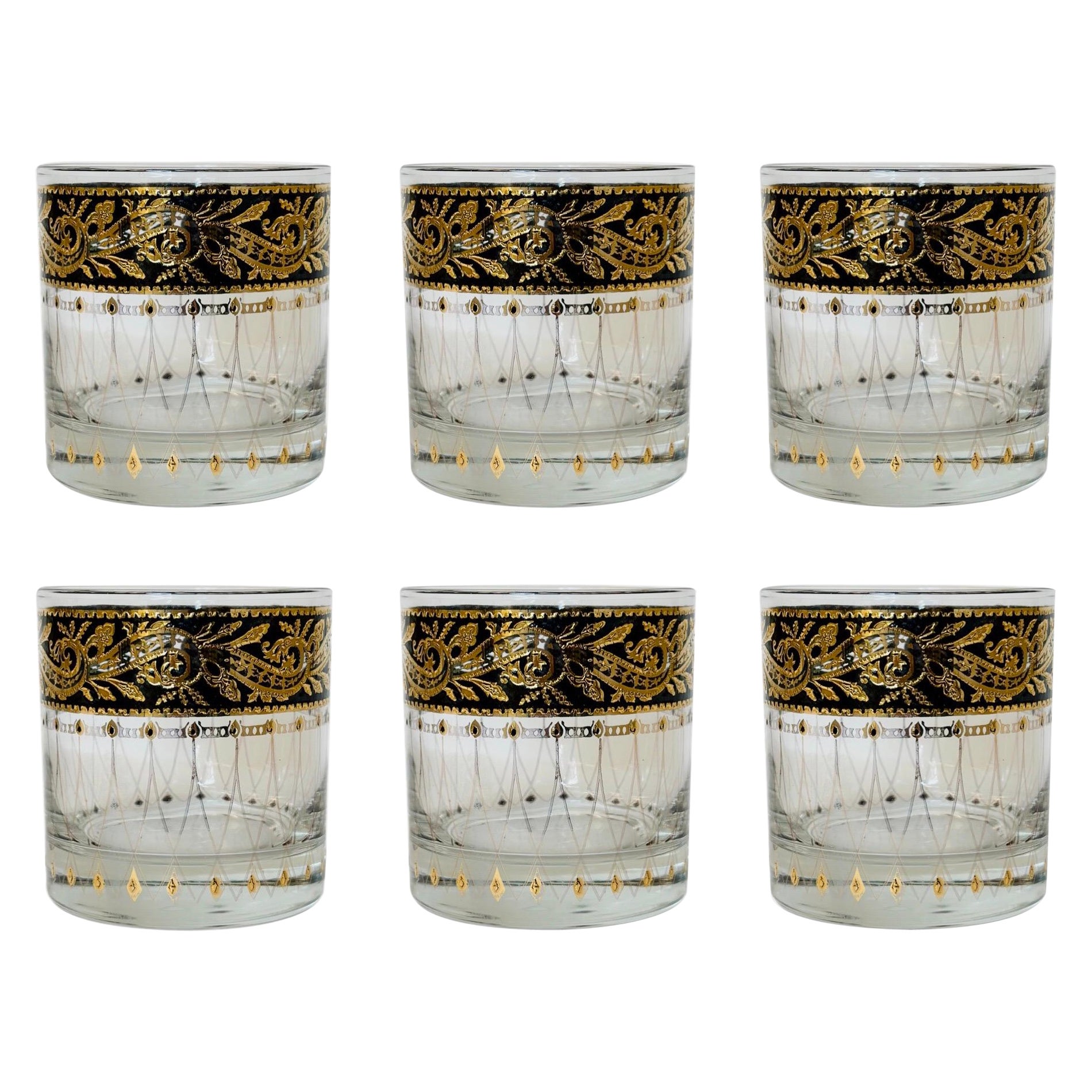 1960 Culver Leaf Pattern 22k Gold and Black Lowball Glasses - Set of 6 en vente