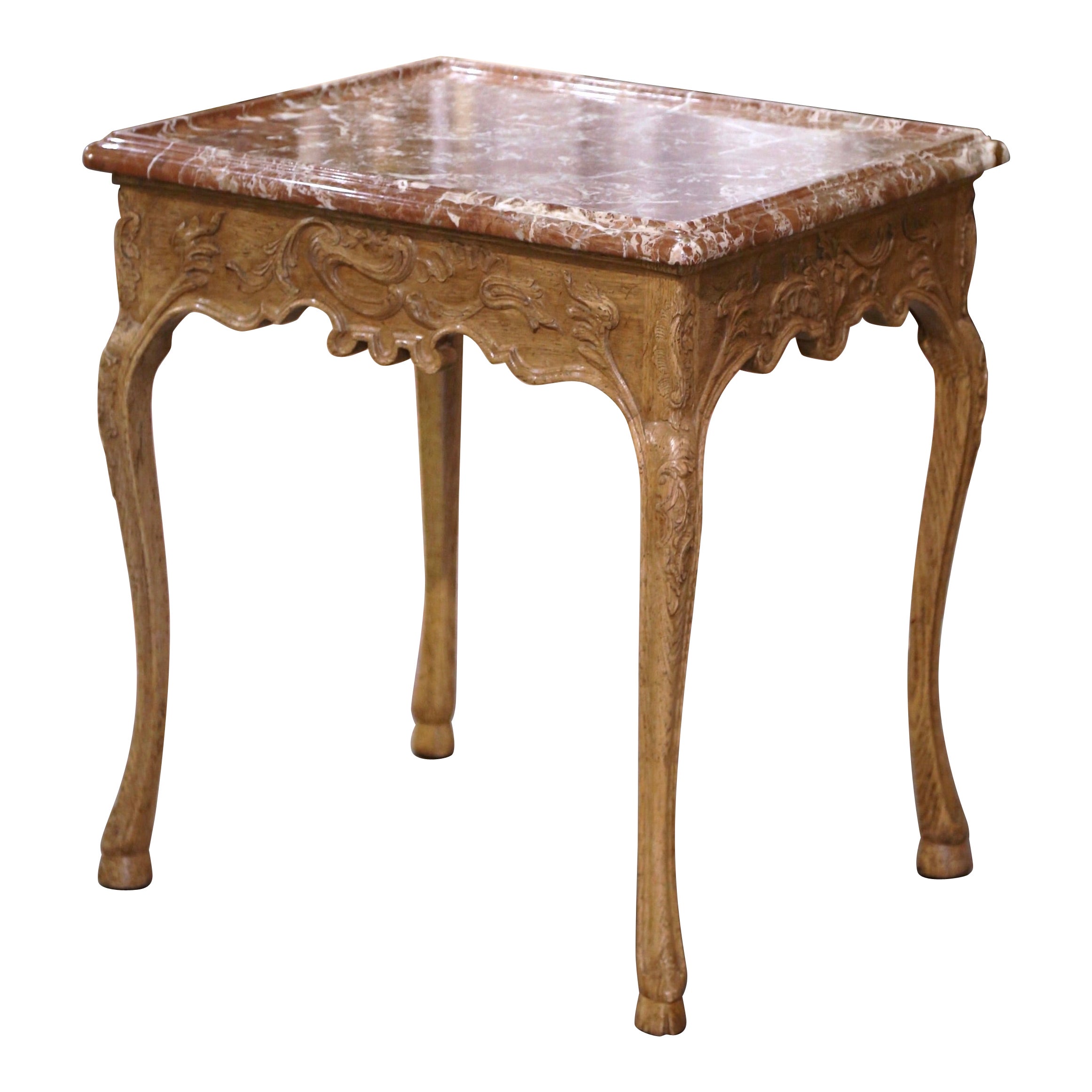 Mid-Century Louis XV Style Marble Top Carved Bleached Oak  Side Table  For Sale