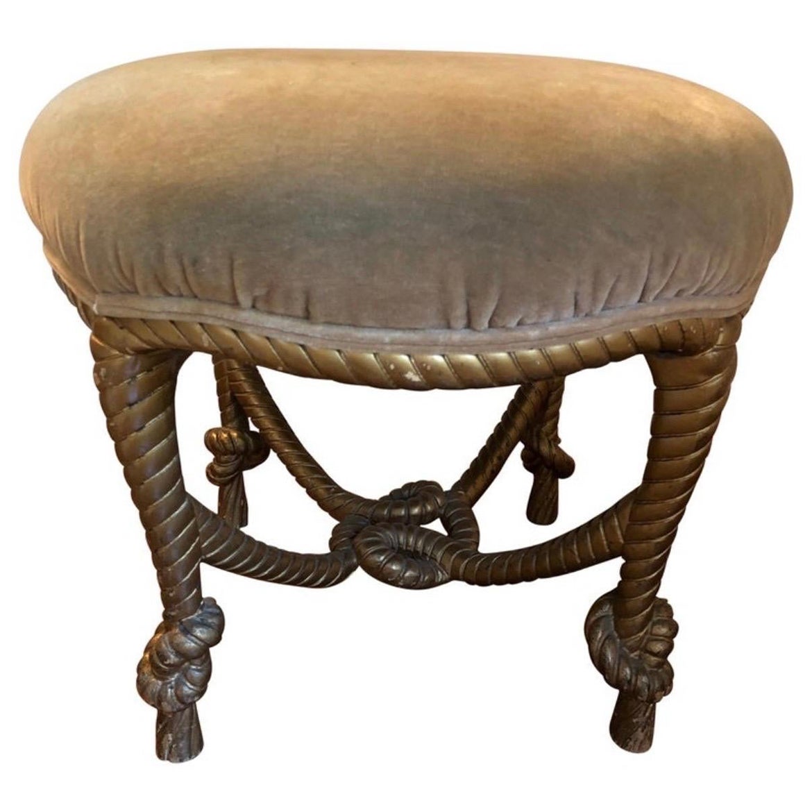 Tabouret/ottoman Napoléon III en bois doré français à corde torsadée.  Tapis en Mohair Tan 