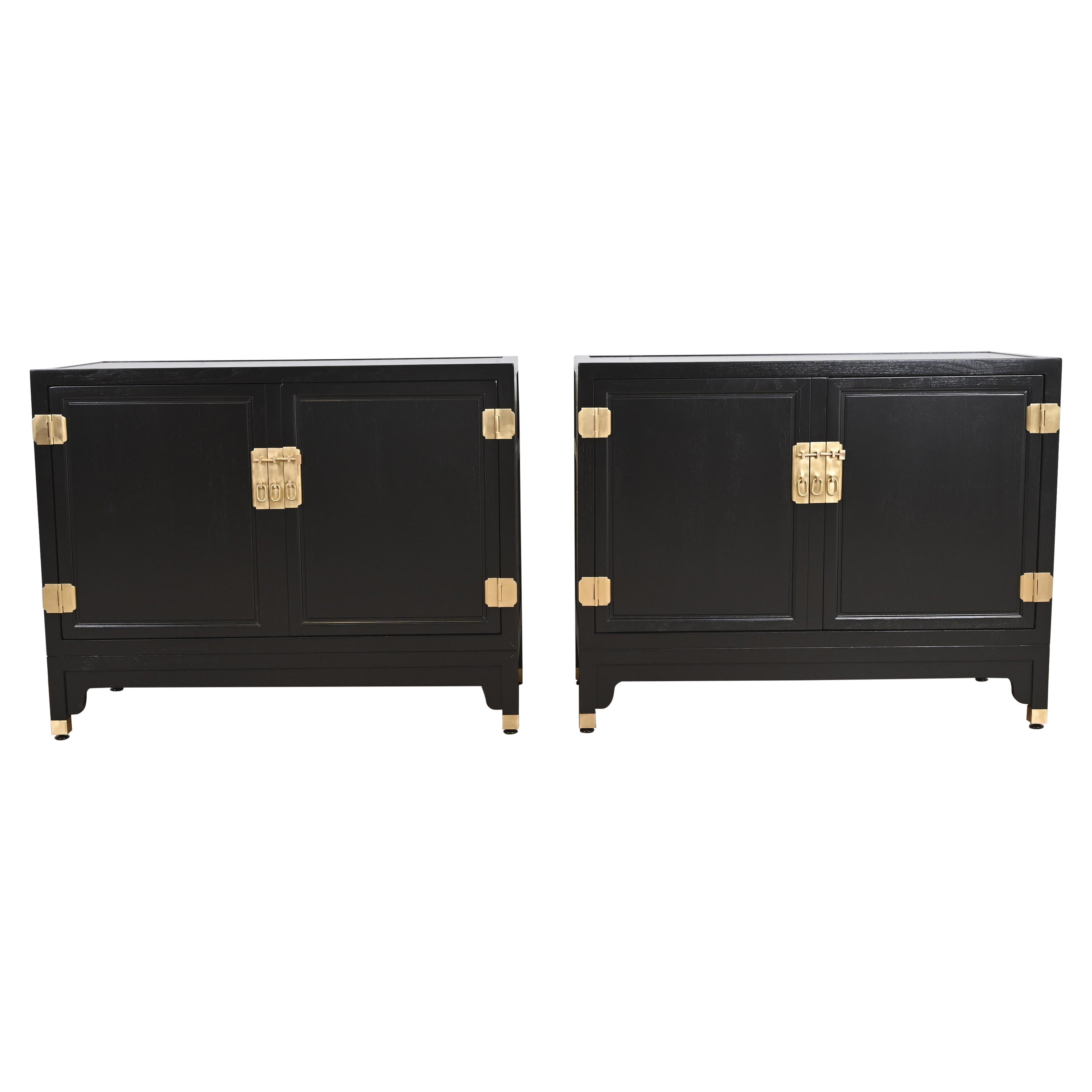 Michael Taylor for Baker Hollywood Regency Black Lacquered Bar Cabinets, Pair For Sale