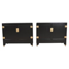 Michael Taylor for Baker Hollywood Regency Black Lacquered Bar Cabinets, Pair