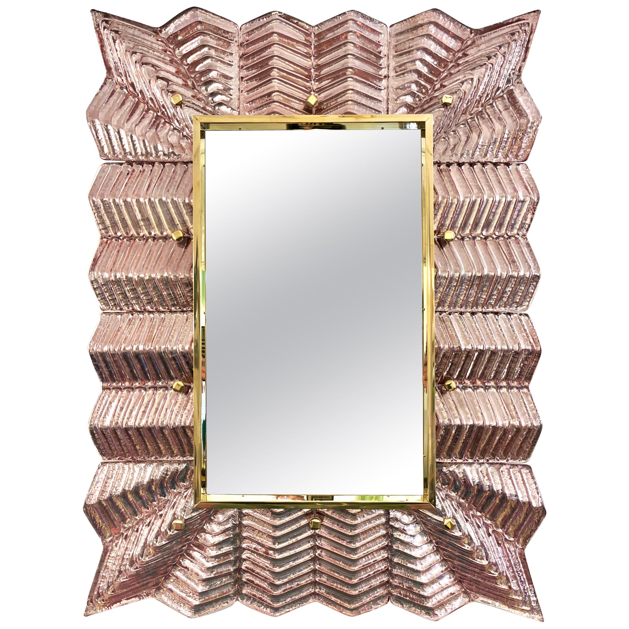 Bespoke Italian Art Deco Design Small Ruffled Pink Murano Glass Brass Mirror For Sale