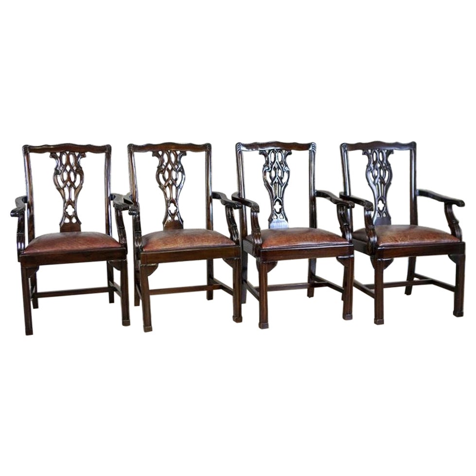 English Late-19th Century Four Walnut Chairs With Leather Upholstery For Sale