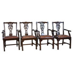 Antique English Late-19th Century Four Walnut Chairs With Leather Upholstery