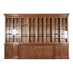 Monumental English Oak Glazed Breakfront Bookcase Cabinets