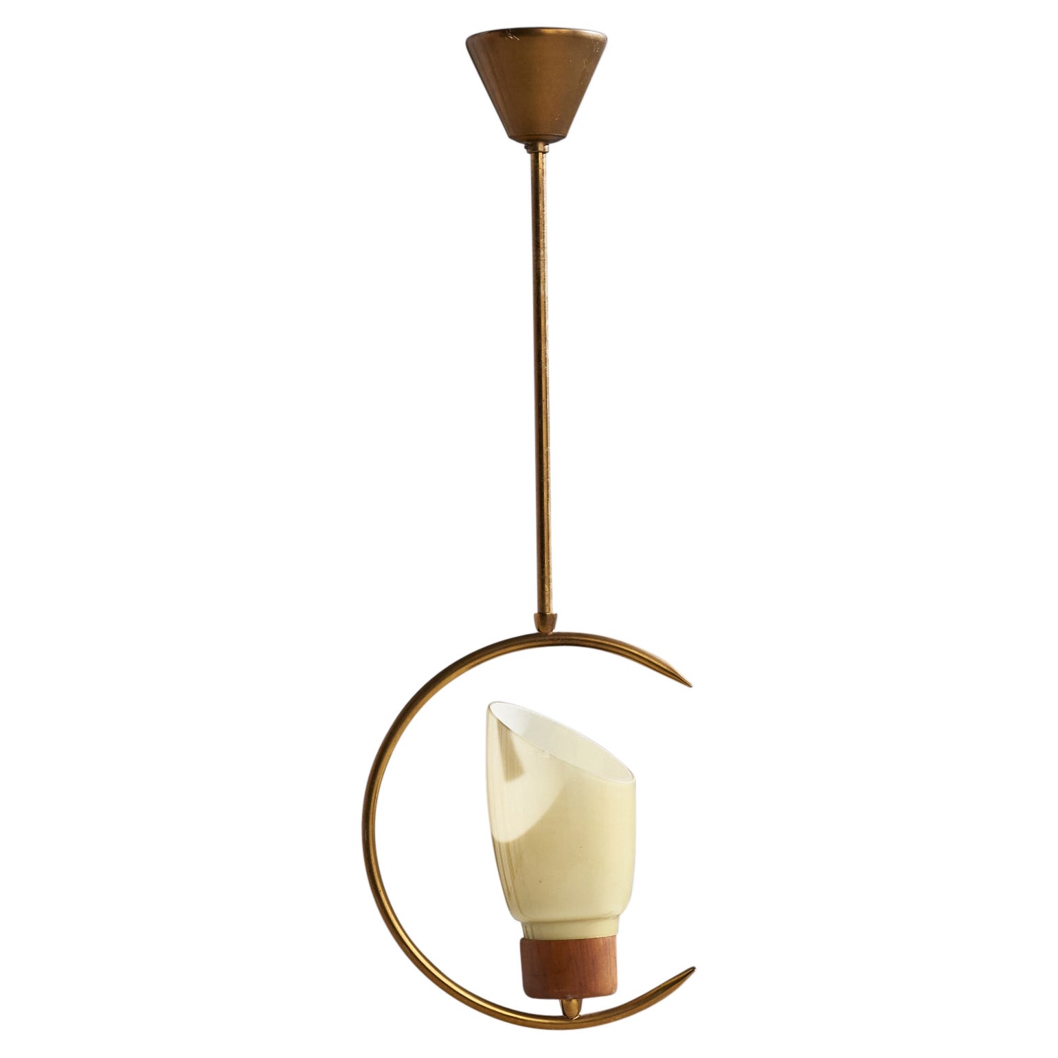 Swedish Designer, Pendant Light, Brass, Teak, Glass, Sweden, 1950s