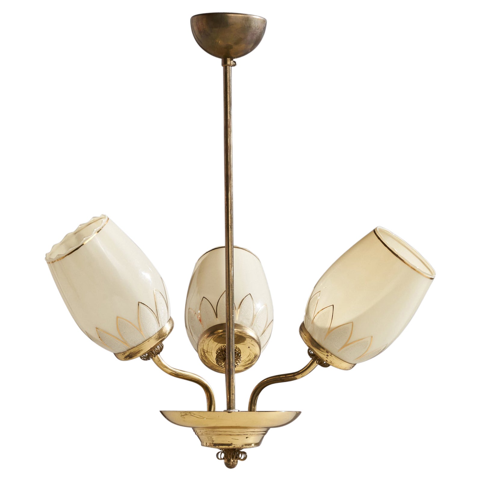 Finnish Designer, Chandelier, Brass, Glass, Finland, 1940s