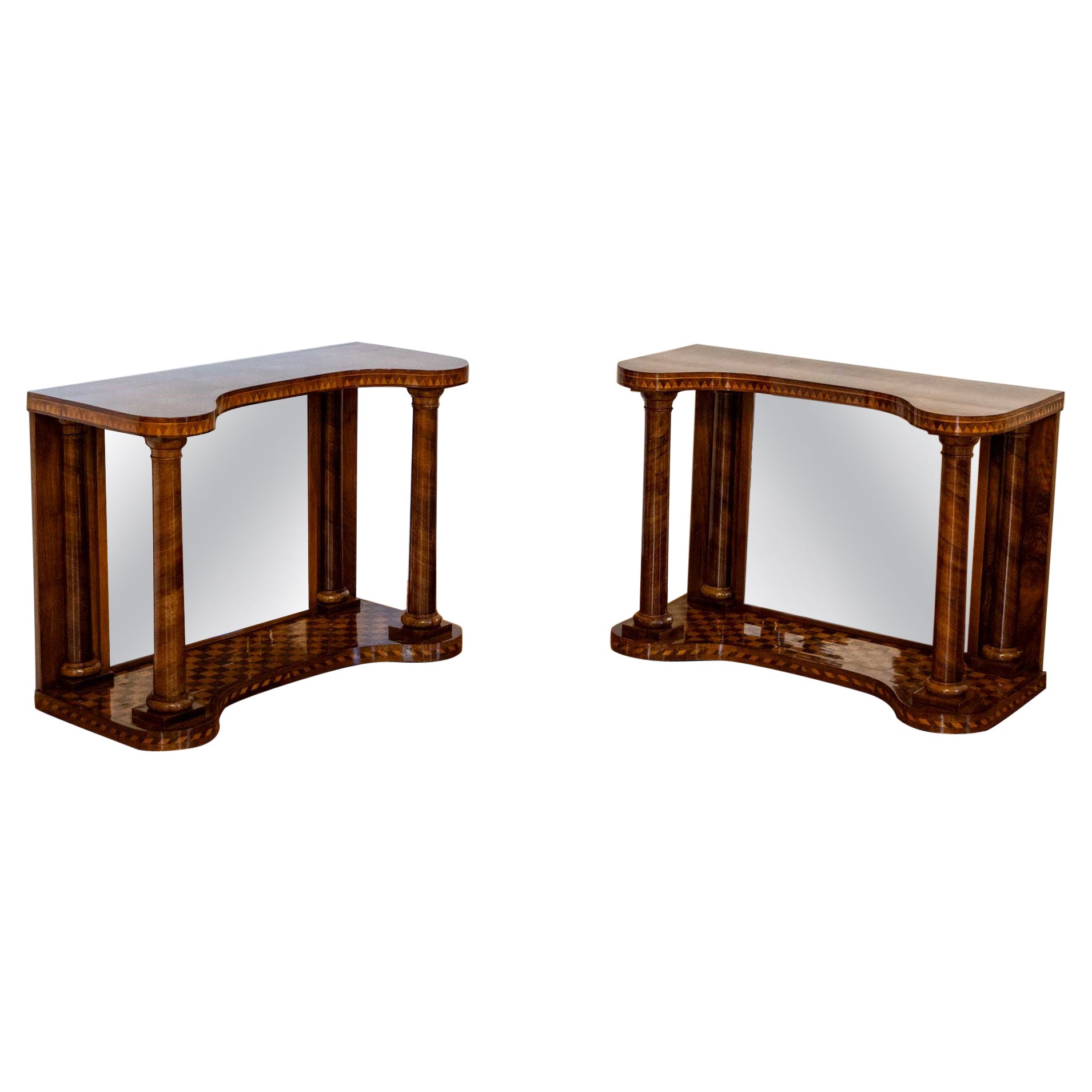 Pair of Parquetry Console Tables with Mirrors, Mid-19th Century For Sale
