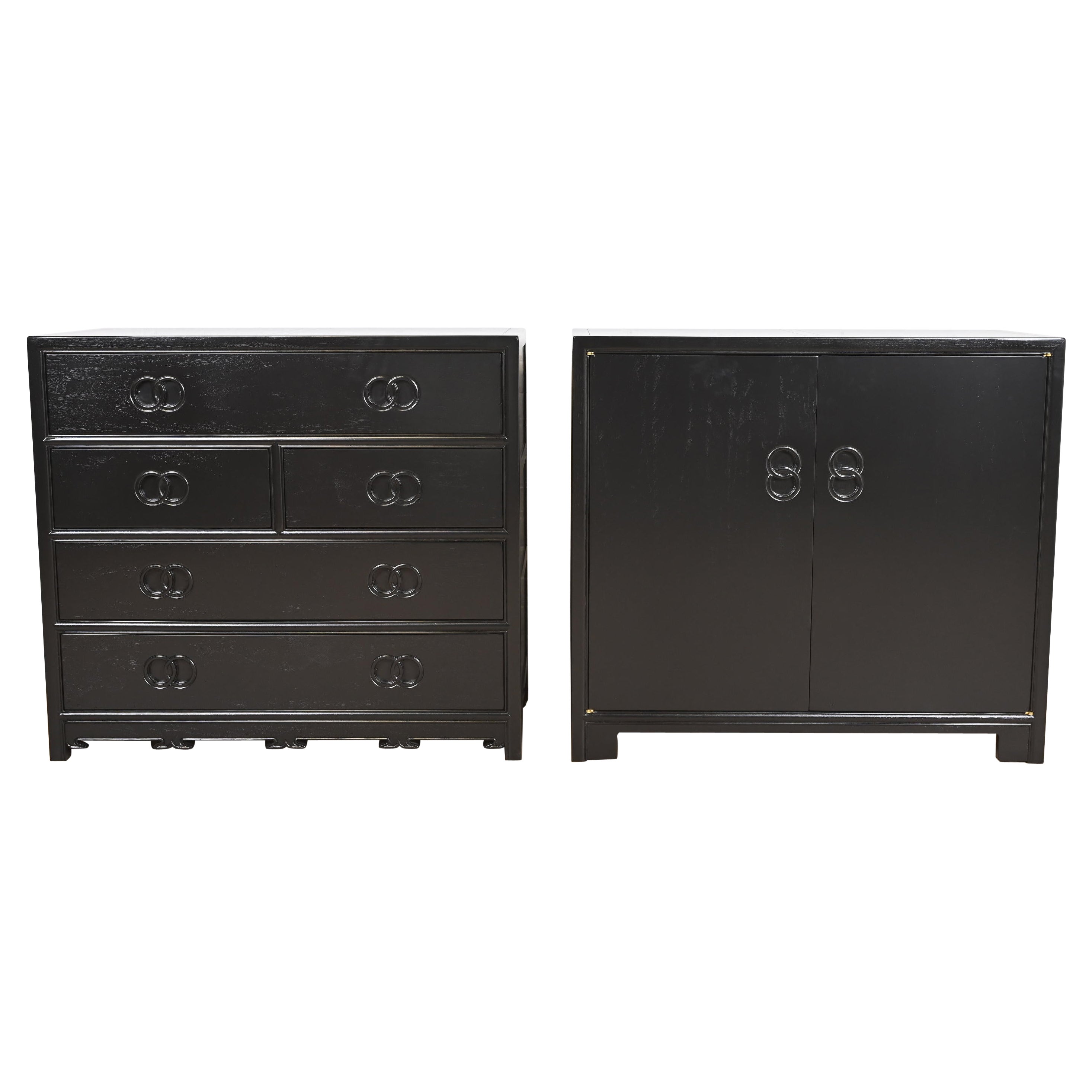 Michael Taylor for Baker Far East Collection Black Lacquered Chests of Drawers For Sale