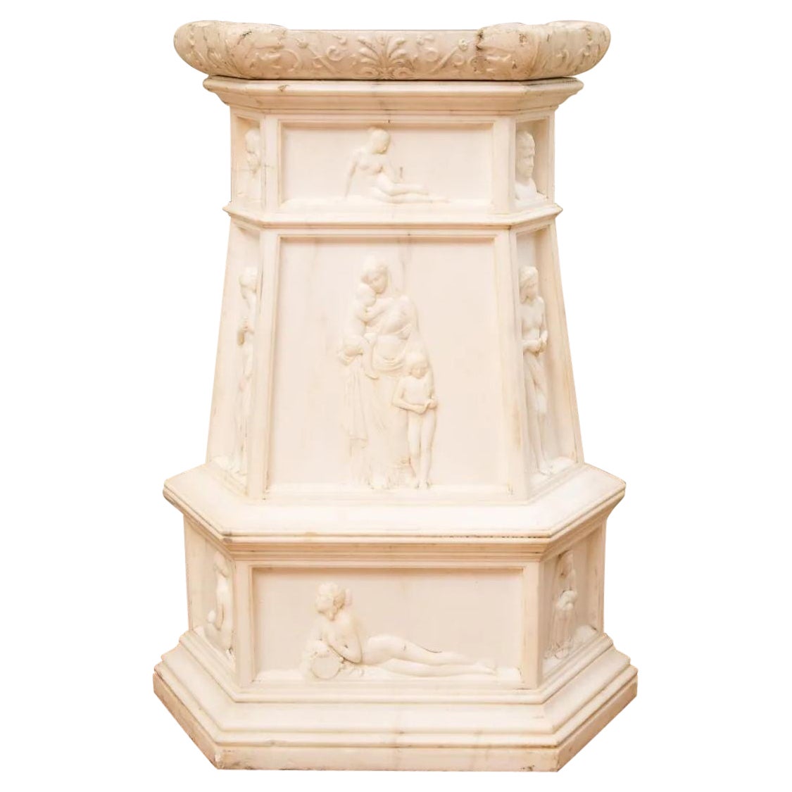 19th Century Italian Carrara Marble Pedestal, Neoclassical Carvings, Figural