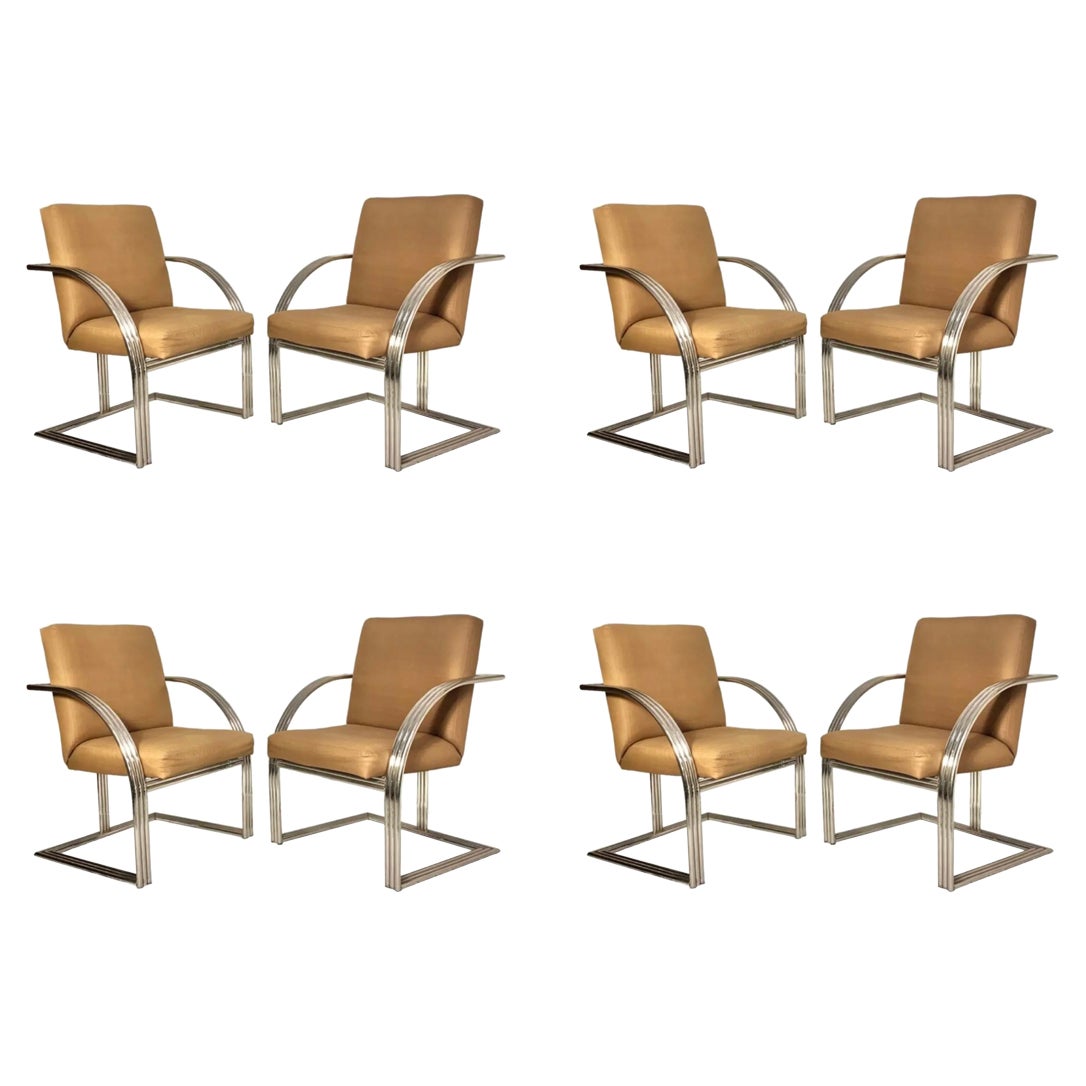 Exquisite Set of 8 Steel Art Deco Revival Dining Chairs by Milo