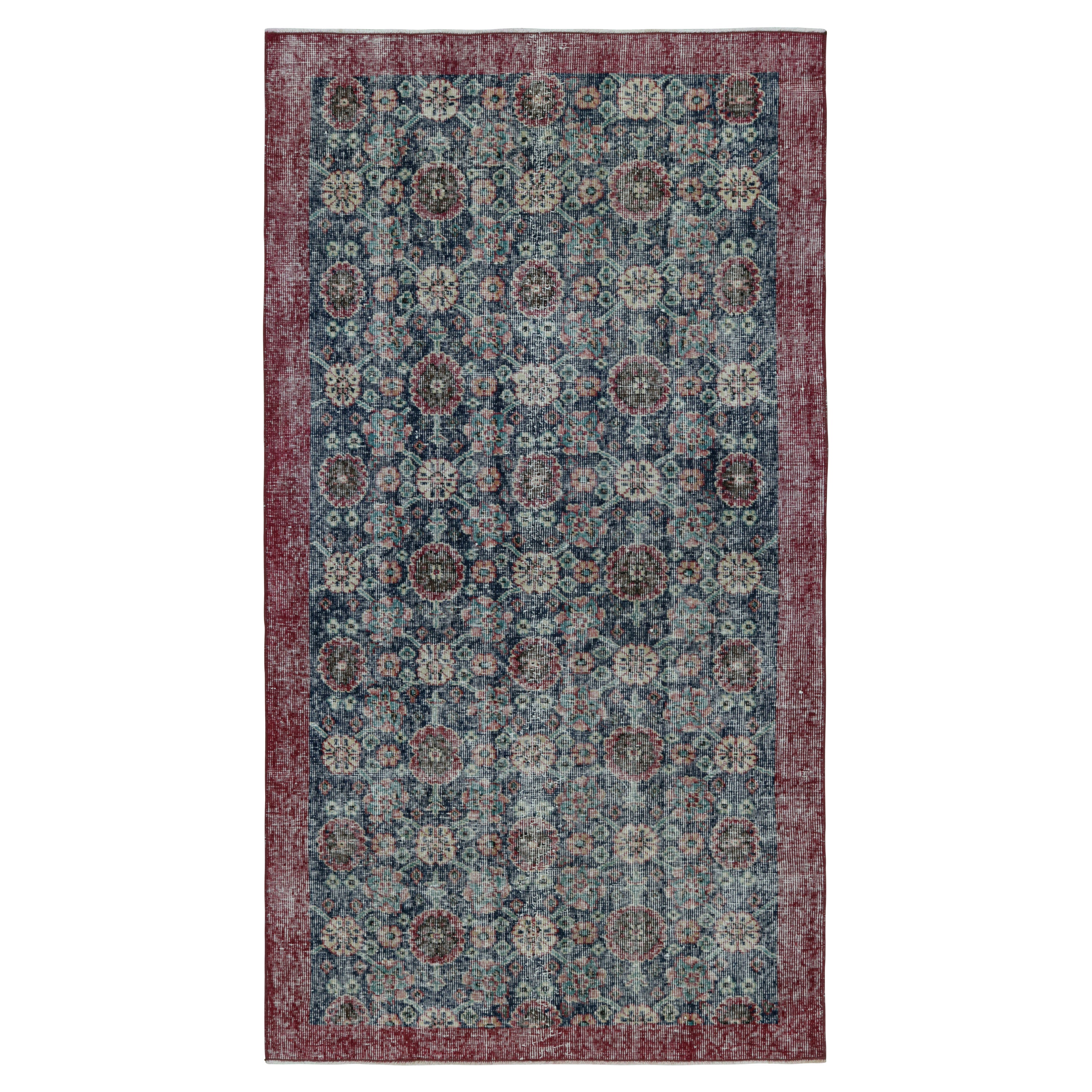 Vintage Runner Rug in Blue and Burgundy with Floral Patterns, from Rug & Kilim For Sale