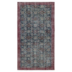 Retro Runner Rug in Blue and Burgundy with Floral Patterns, from Rug & Kilim