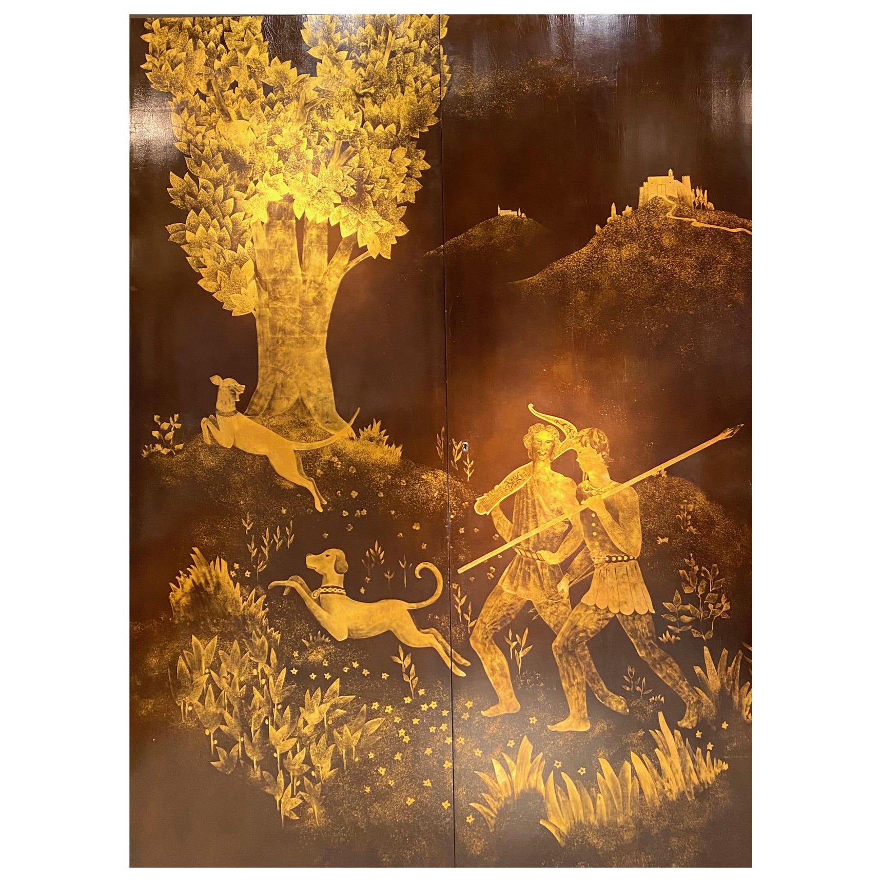 Important Pair of Black Lacquered and Gilt Decorated Panels by Paul Etienne Saïn For Sale