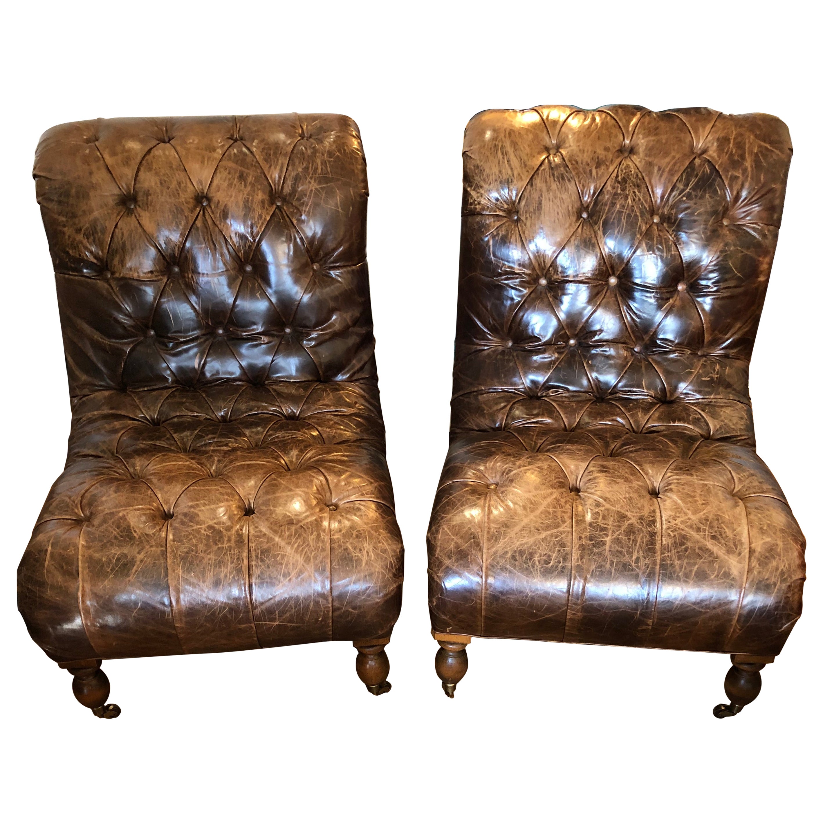 Sumptuous Distressed Tobacco Brown Leather Pair of Mitchell Gold Club Chairs