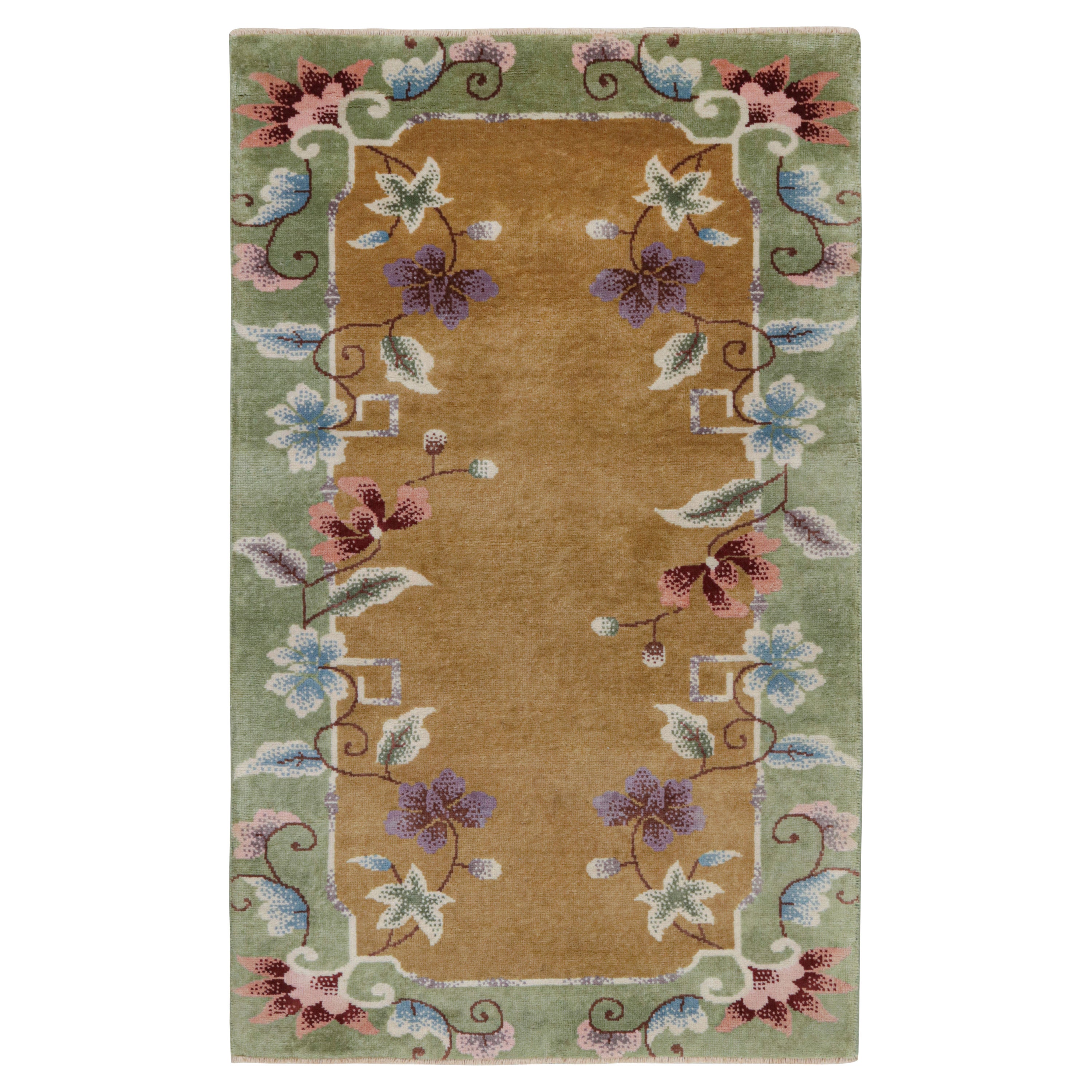 Rug & Kilim’s Chinese Art Deco Style Rug In Brown with Colorful Floral Patterns For Sale