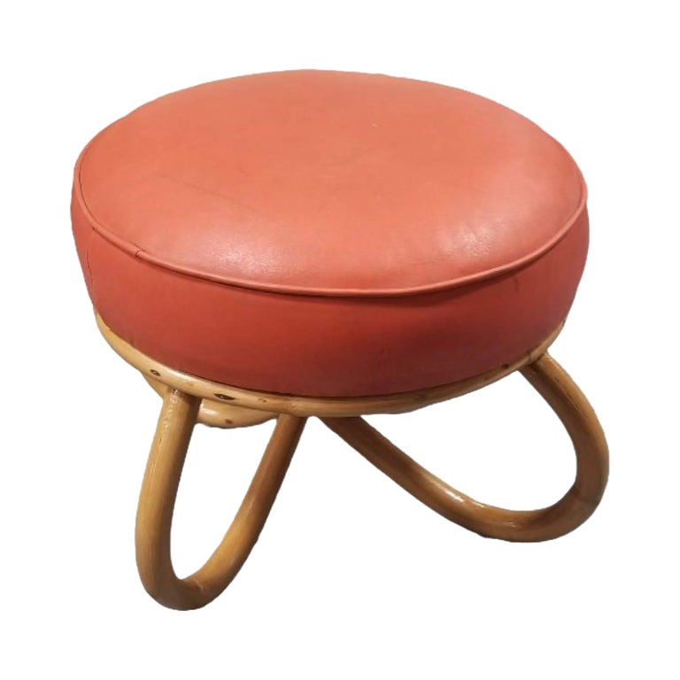 Restored Coral Orange Naugahyde Footstool For Sale