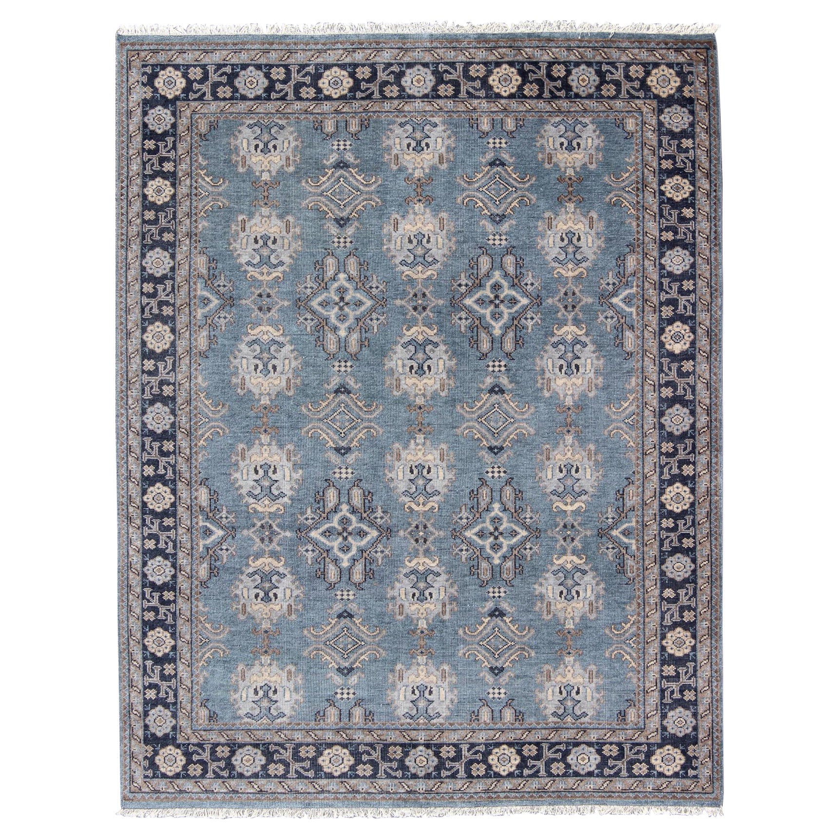 Blue and Brown Hand-Knotted Wool Oushak Area Rug by Keivan Woven Arts For Sale
