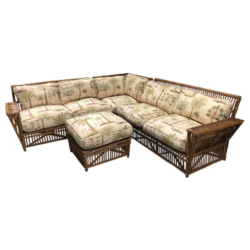 Presidents Stick Reed Rattan L-Shaped Corner Sofa and Ottoman Livingroom Set For Sale
