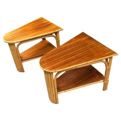 Vintage Restored Rattan and Mahogany Wedge Table Pair