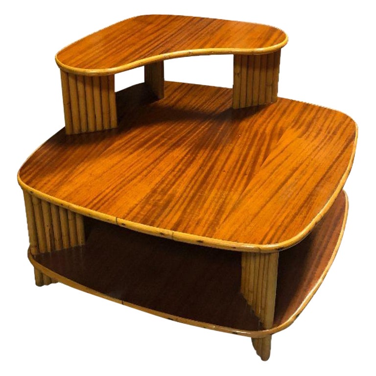 Restored Rattan 1940s Double Level Corner Table with Curly Koa Wood Top For Sale