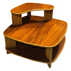 Restored Rattan 1940s Double Level Corner Table with Curly Koa Wood Top