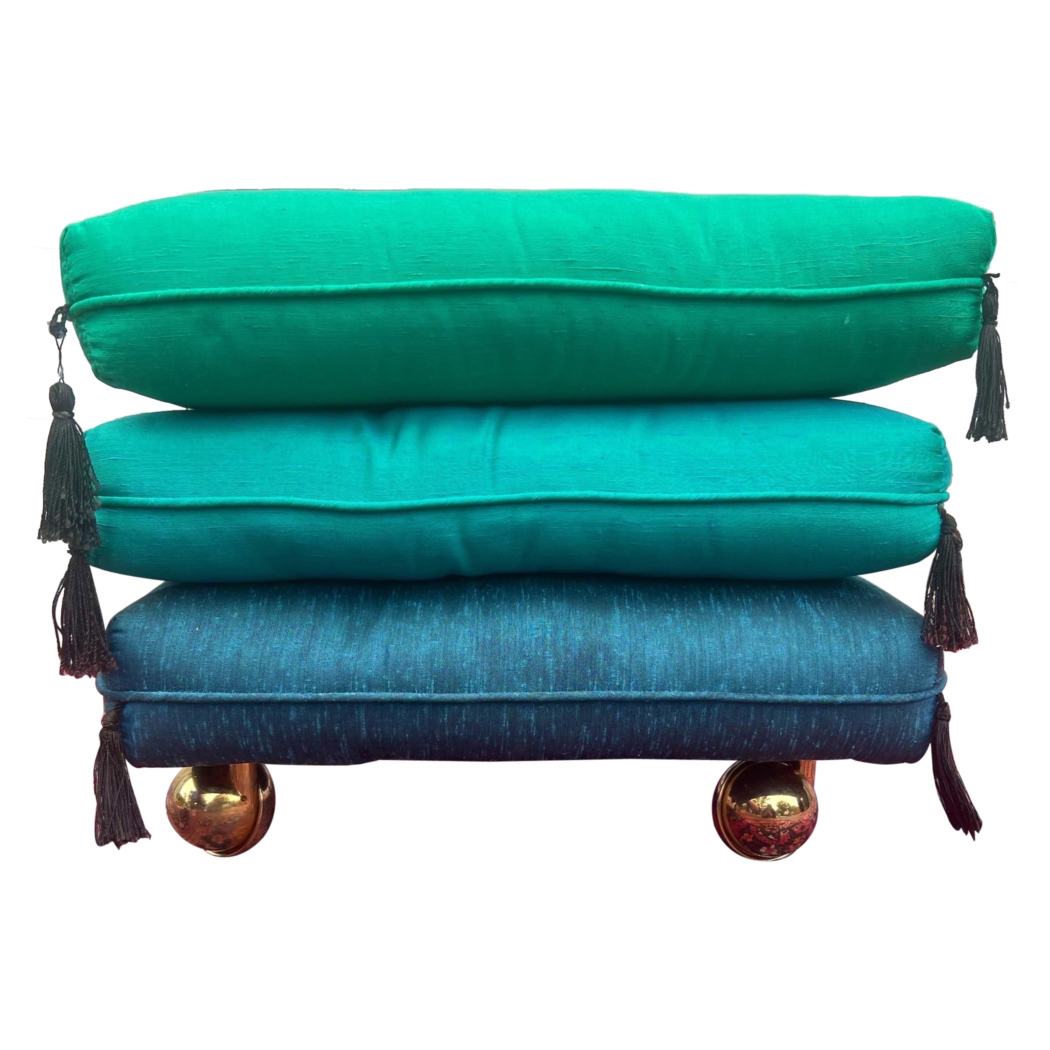 1960s Vintage Stacked Blue/Turquoise/ Green Pillow Rolling Ottoman For Sale