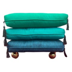 1960s Vintage Stacked Blue/Turquoise/ Green Pillow Rolling Ottoman