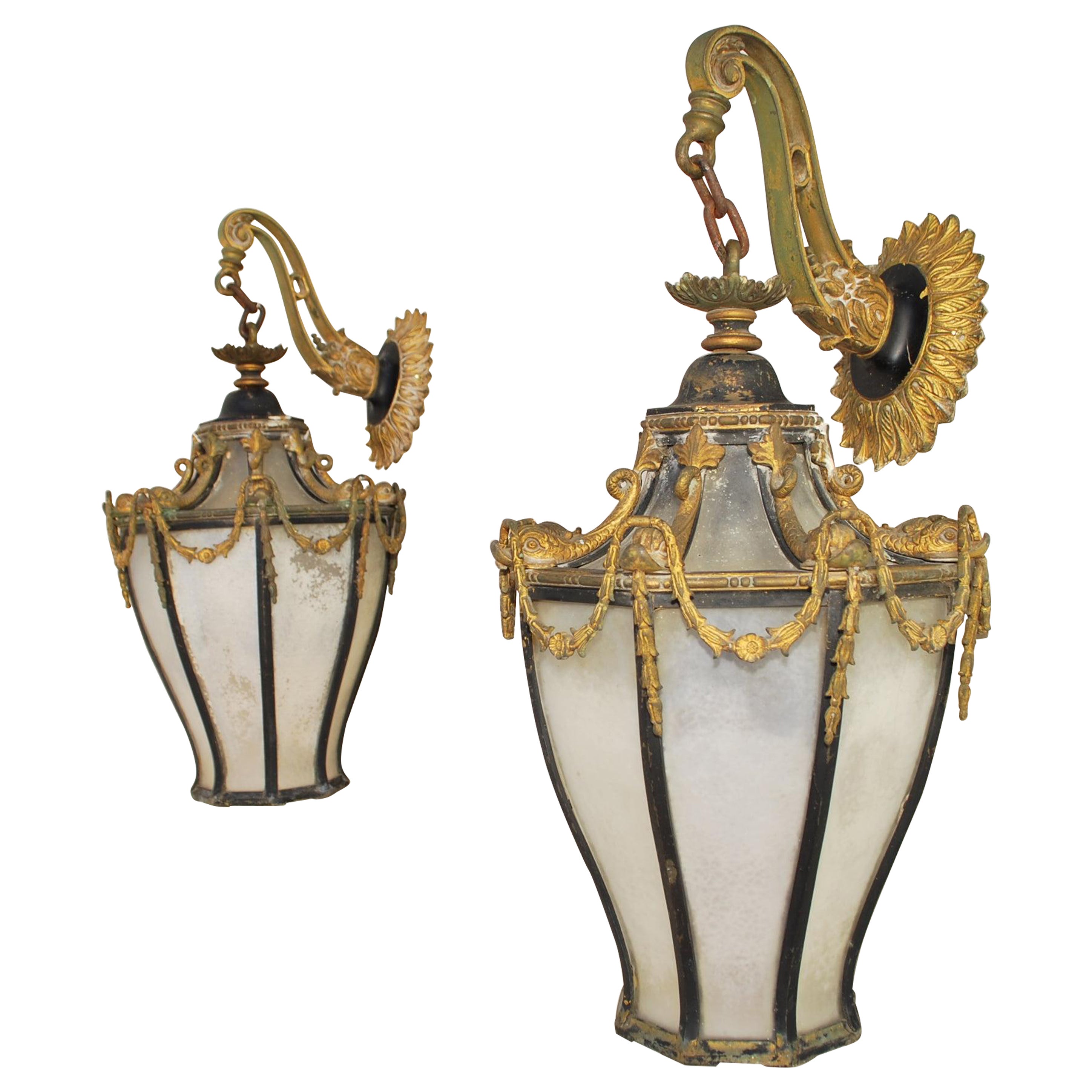 Very rare Pair of French turn of the century bronze outdoor/indoor sconces