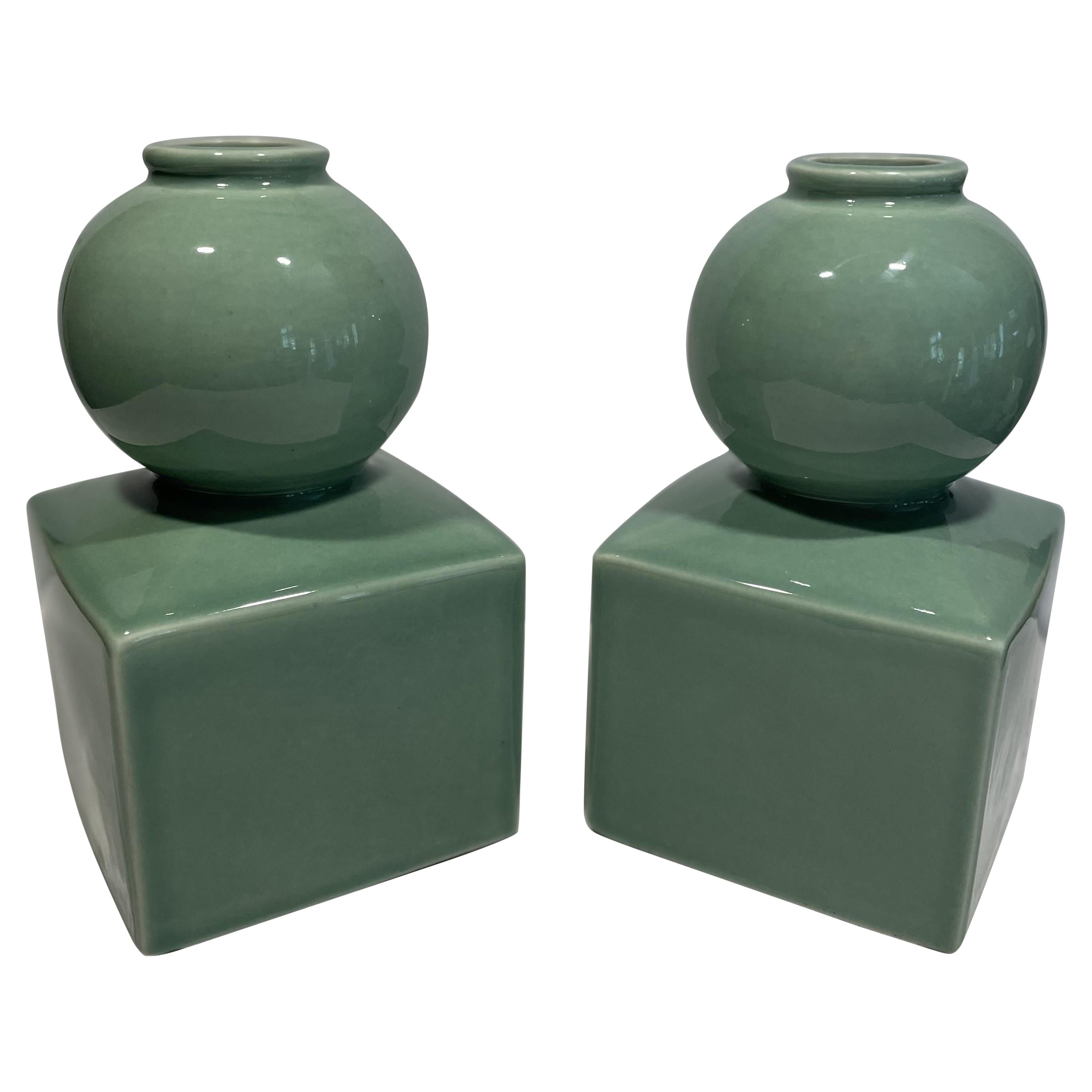Celadon Ceramic Vases or Bookends Attributed to Serena & Lily -- A Pair For Sale