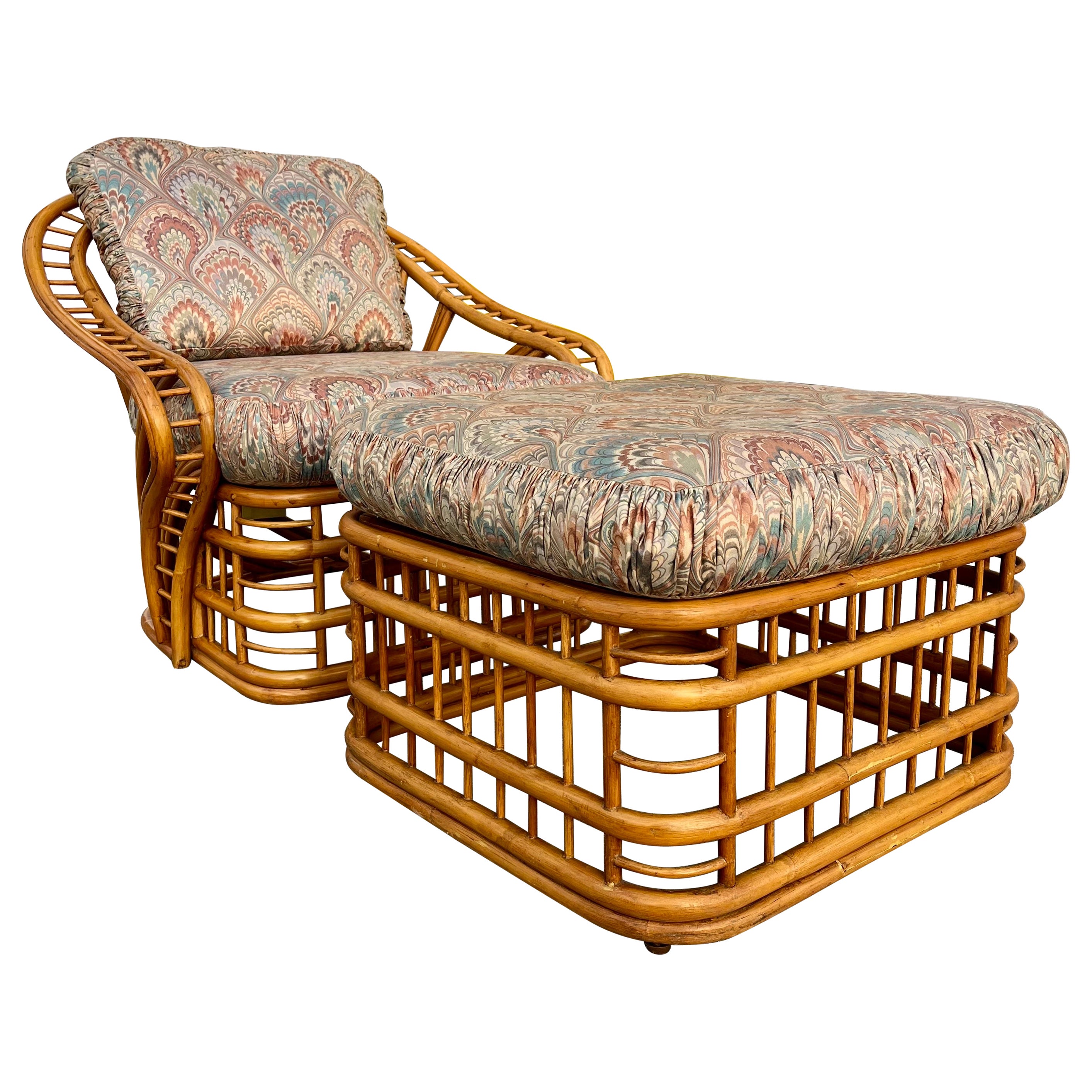 Coastal Style Rattan Lounge Chair and Ottoman Set by Whitecraft Rattan. C 1970s 