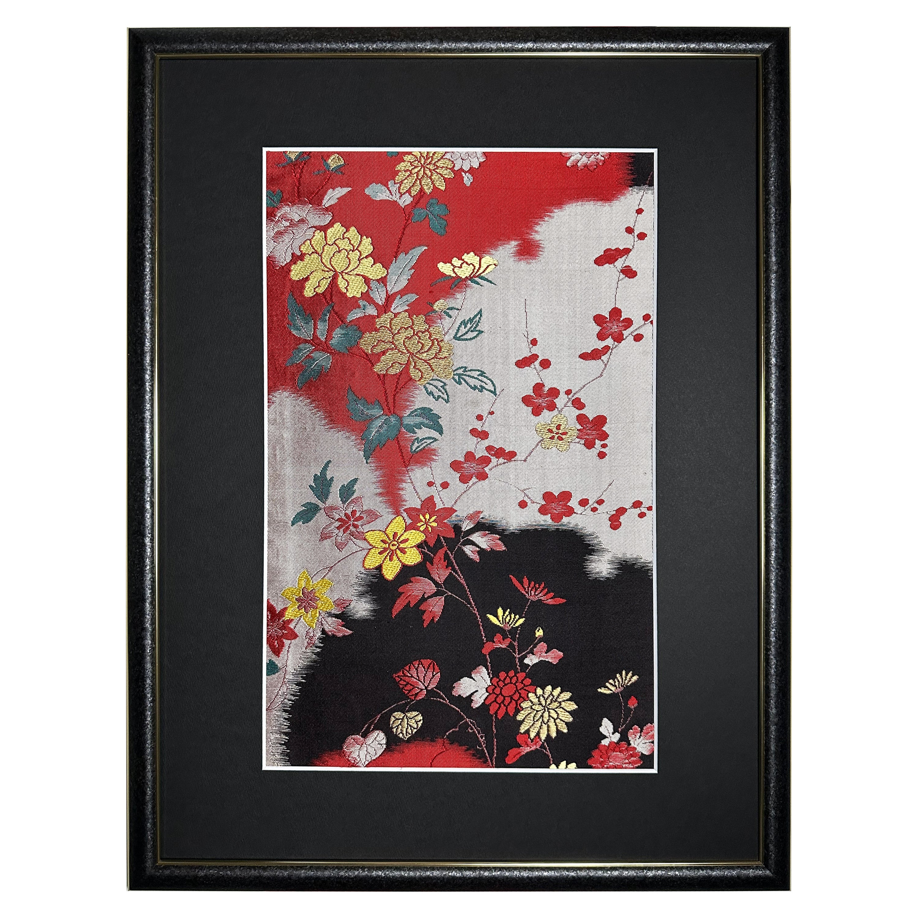 Framed Kimono Art "Seasonal Blessings" by Kimono-Couture, Japanese Textile Art