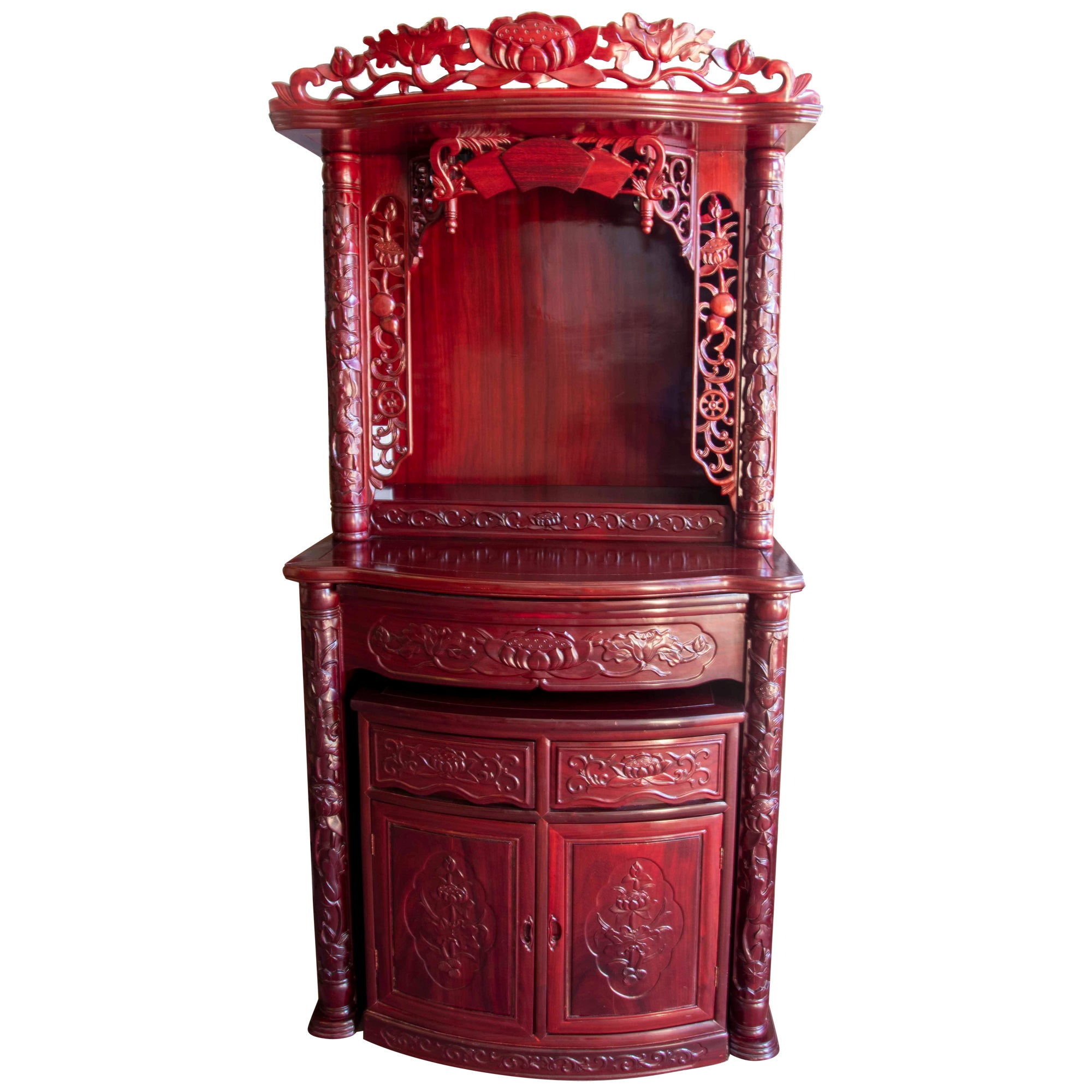 Chinesischer handgeschnitzter Altar aus Mahagoniholz und niedrigem Teil mit Türen und Schubladen im Angebot