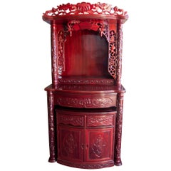 Altar chinois sculpté à la main en bois d'acajou, partie inférieure avec portes et tiroirs