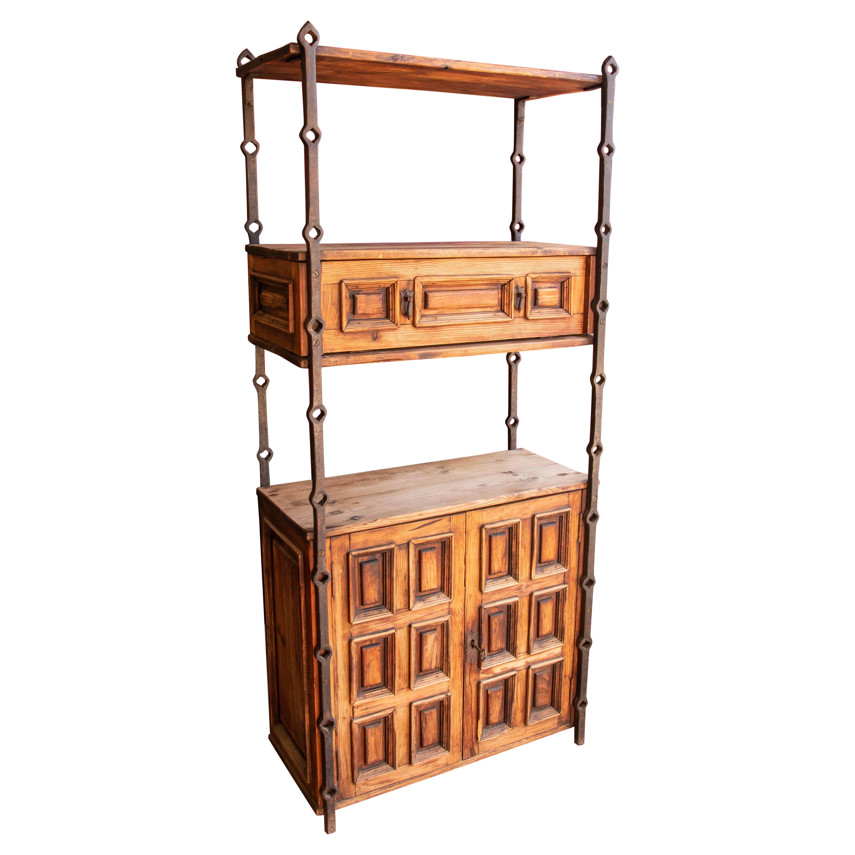 1970s Wooden Bookshelf with Paneling and Iron Decoration  For Sale