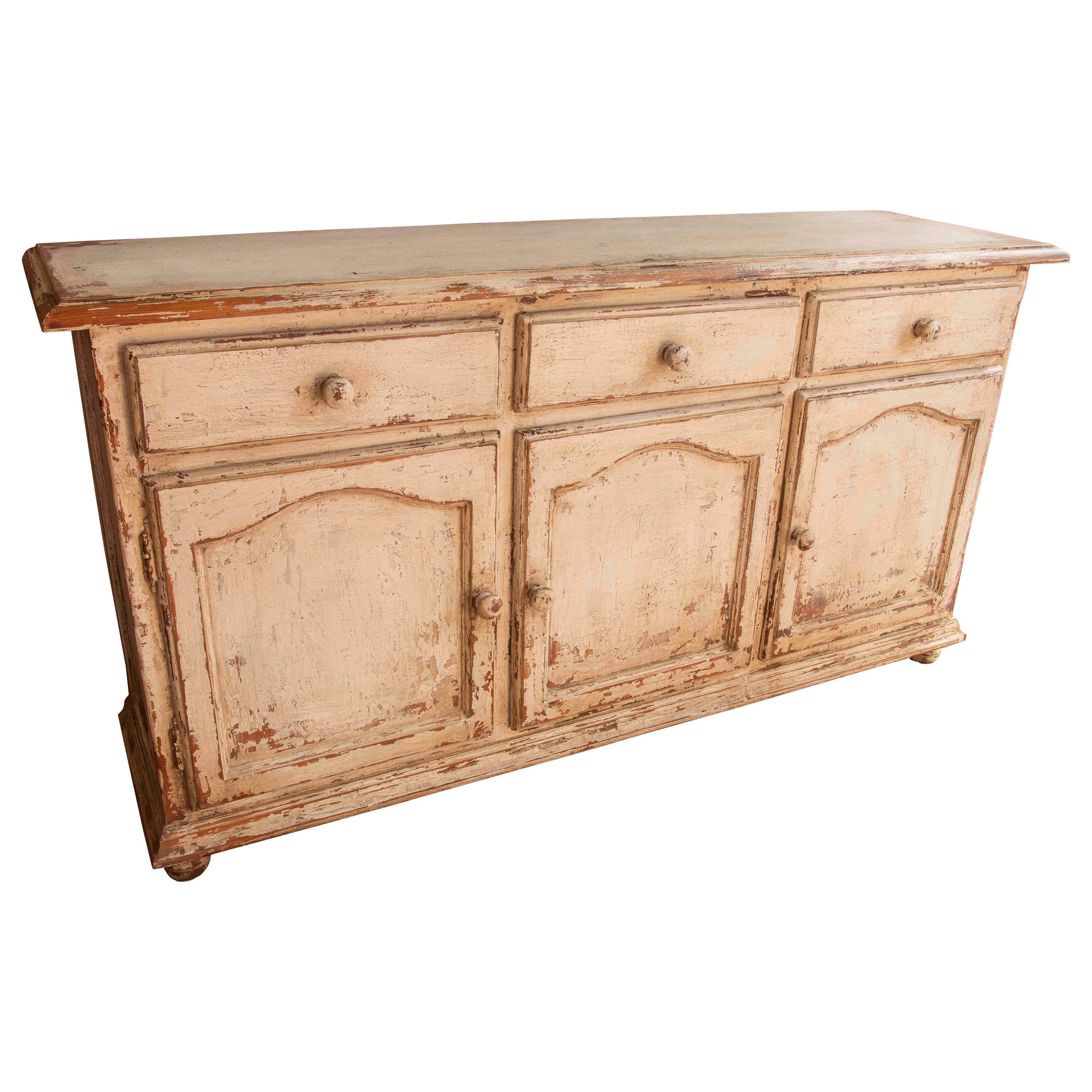 Wooden Sideboard with Doors and Drawers Painted in Antique White For Sale